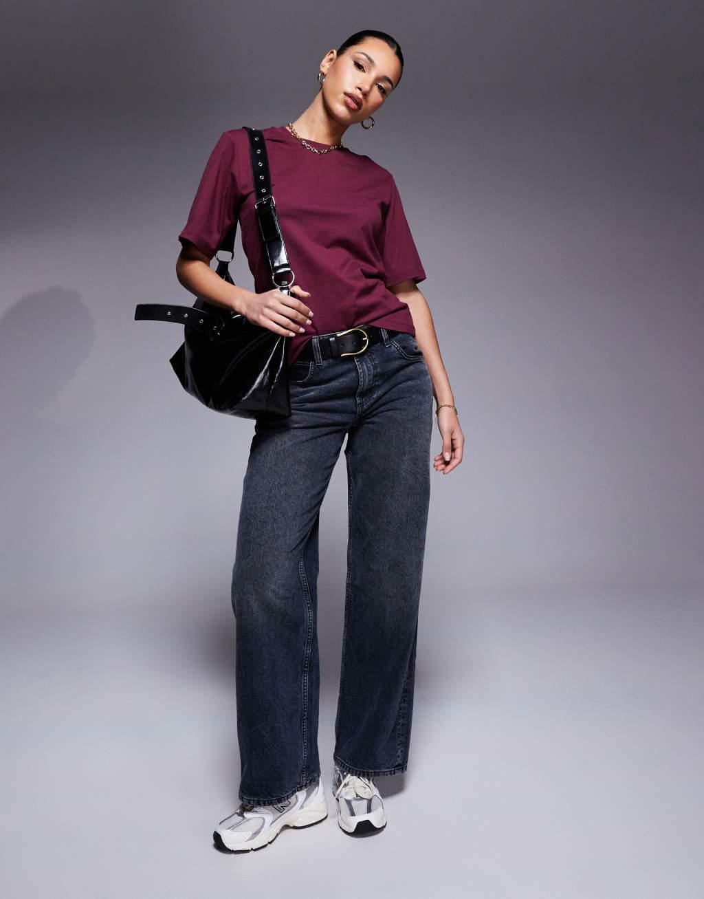 ASOS DESIGN fitted waist T-shirt with wrap cut-out back detail in burgundy Product Image
