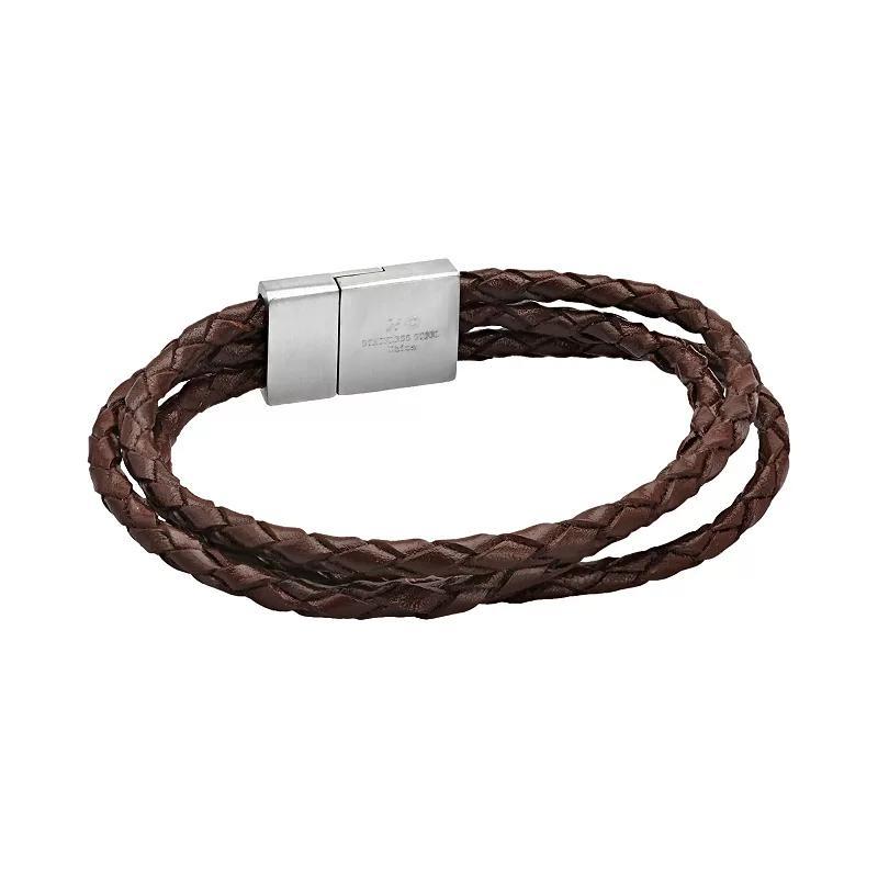 LYNX Stainless Steel & Brown Leather Rope Bracelet - Men, Men's, Size: 8.5" Product Image