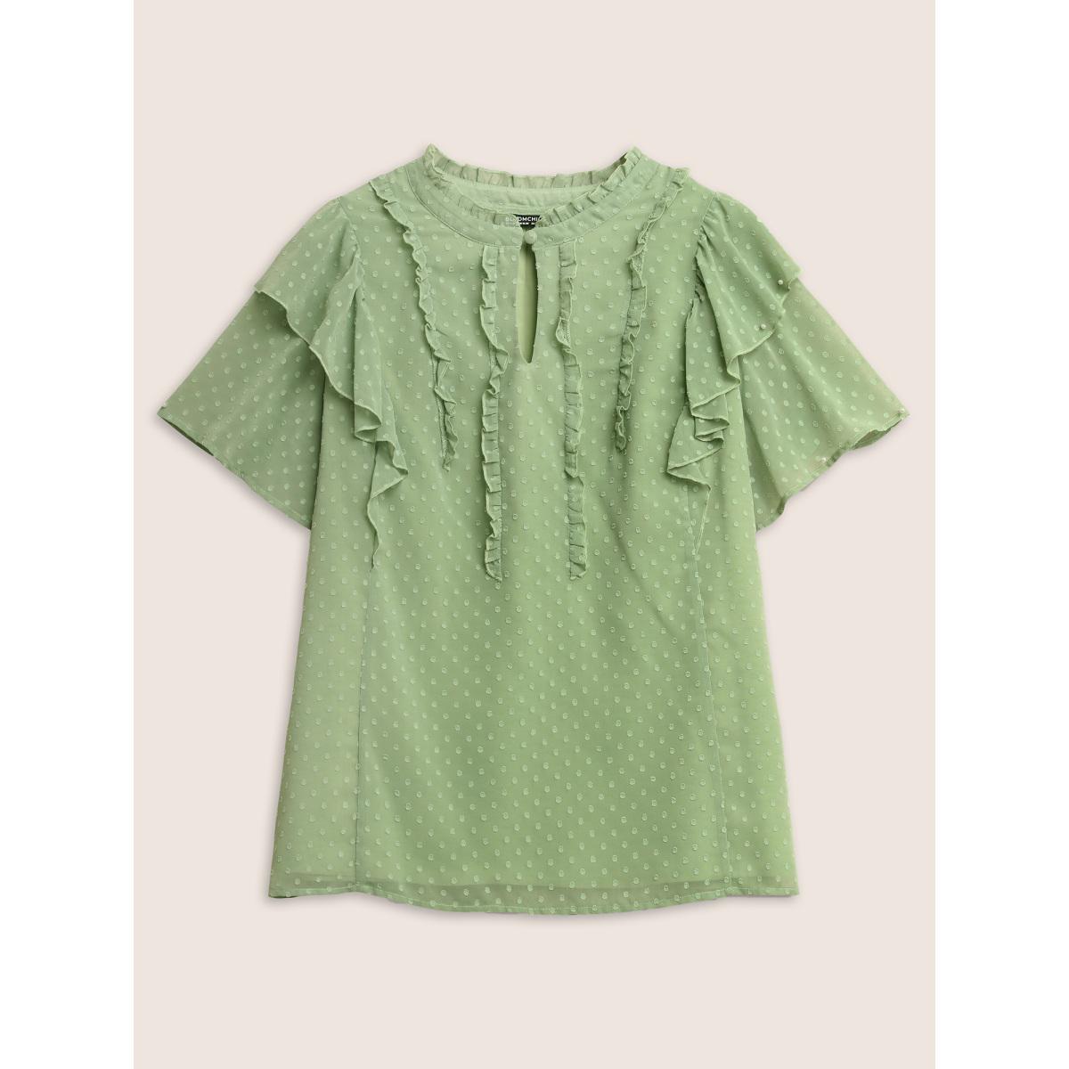 Plus Size Mint Texture Frill Trim Ruffle Sleeve Blouse Women Elegant Short sleeve Mock Neck Everyday Blouses BloomChic 26/4X Product Image