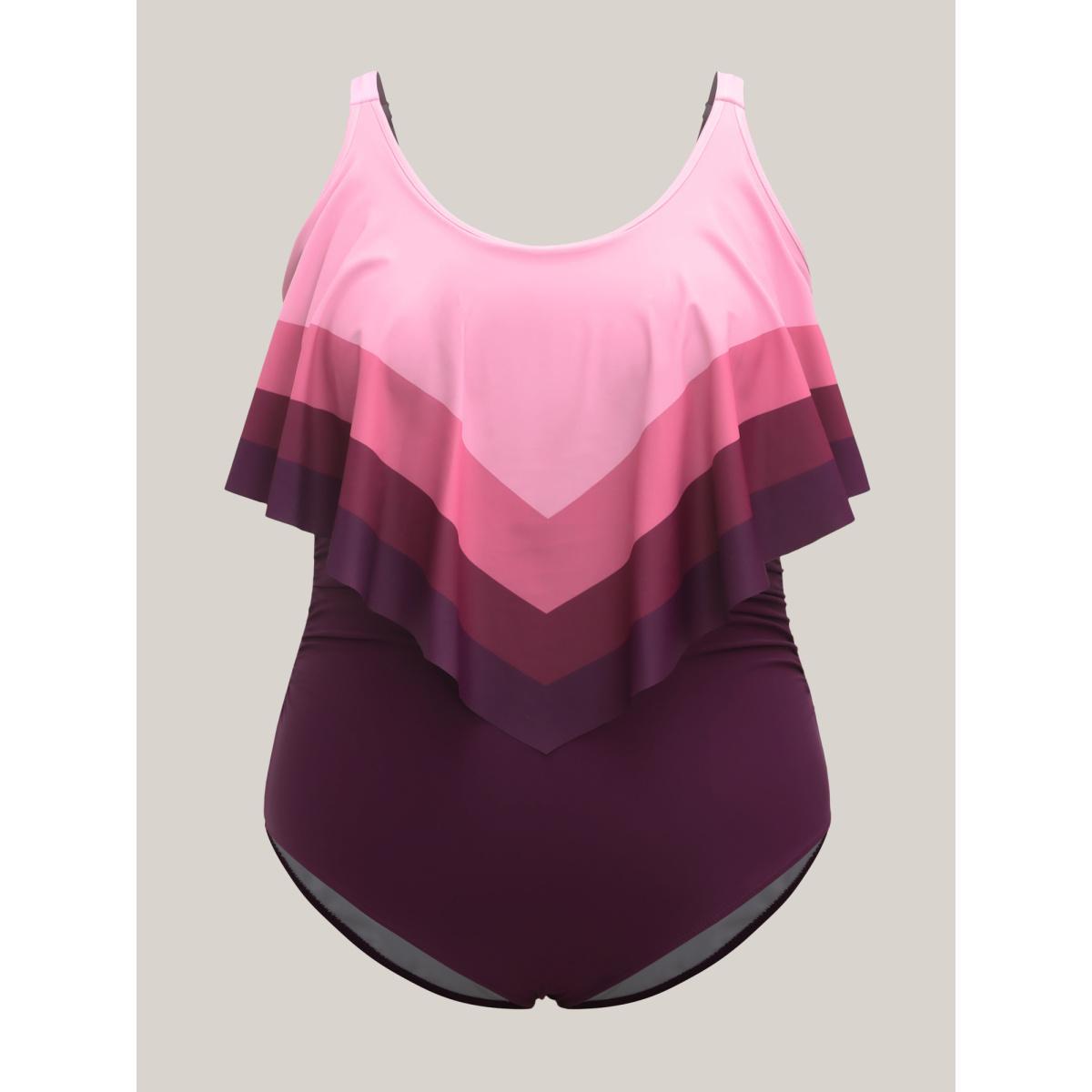 Plus Size Color Block Layered One-Piece Swimsuit Women's Swimwear Deeppurple Beach Gathered Curve Bathing Suits High stretch One Pieces BloomChic 18-20/2X Product Image