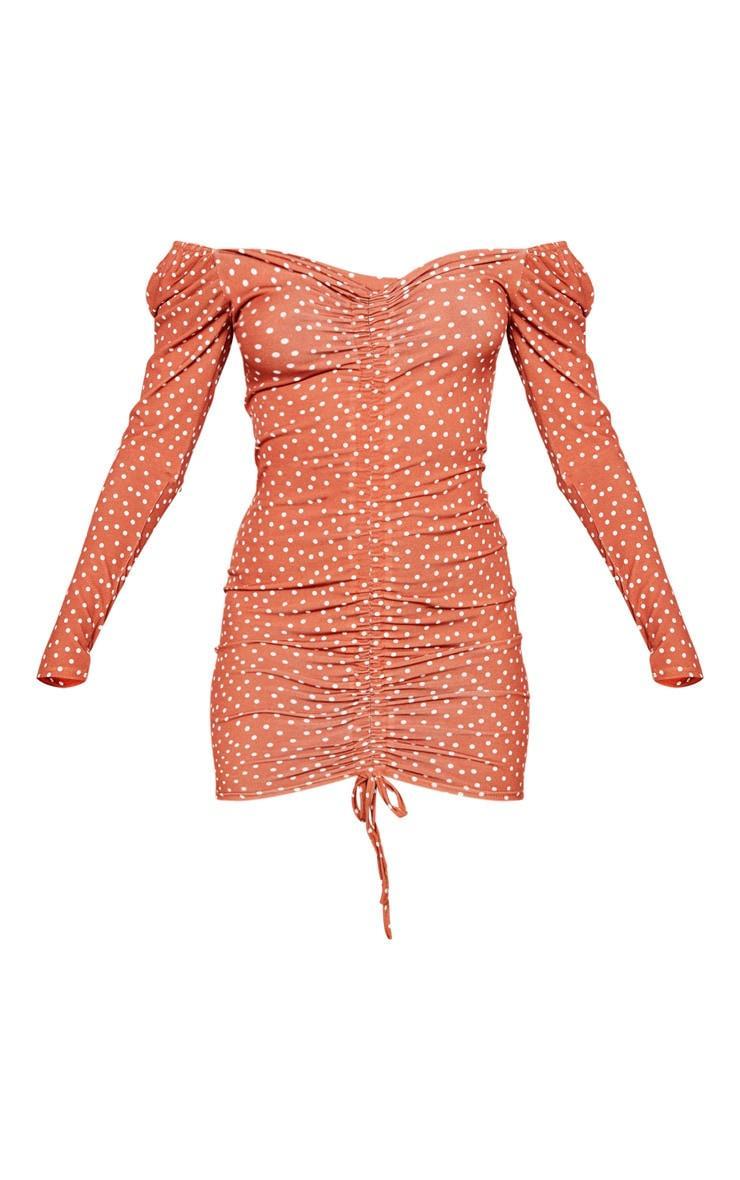 Terracotta Polka Dot Print Ruched Front Long Sleeve Bodycon Dress Product Image