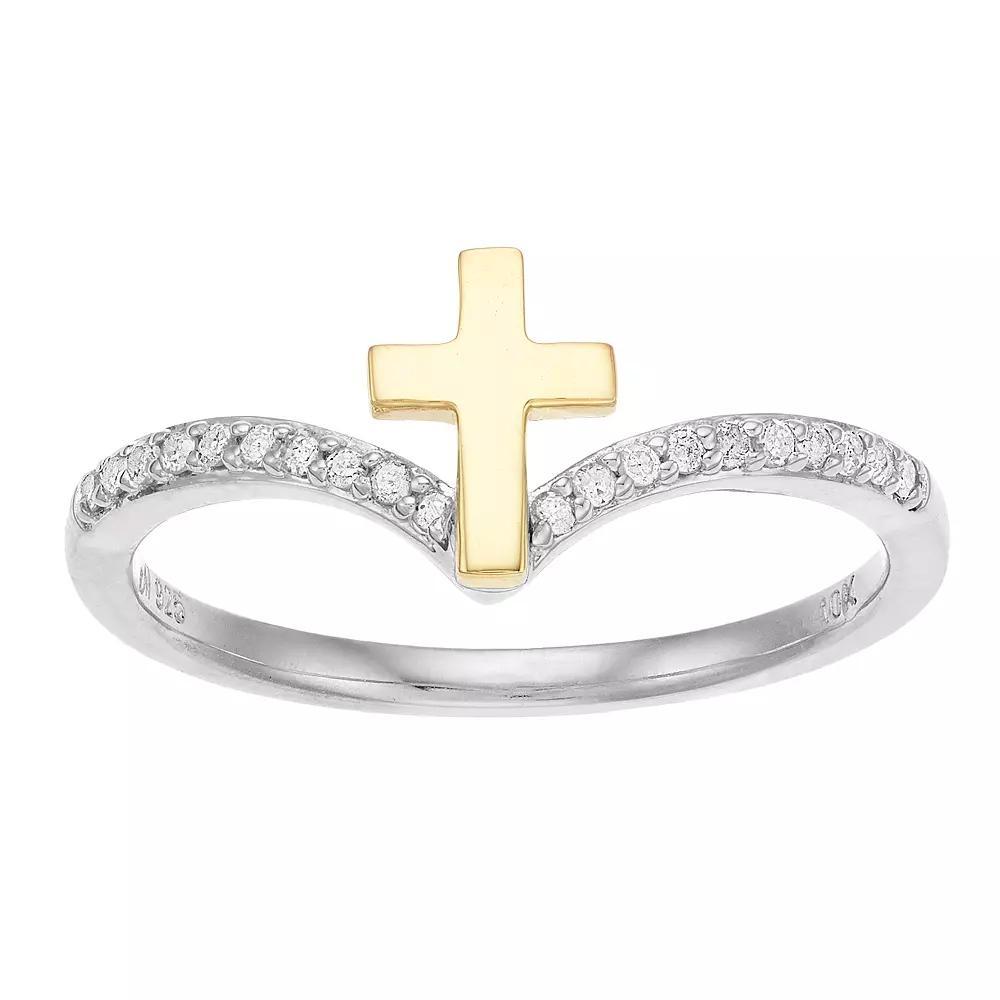 10k Gold & Sterling Silver 1/10 Carat T.W. Diamond Cross Ring, Women's, Size: 6, Gold Tone Product Image