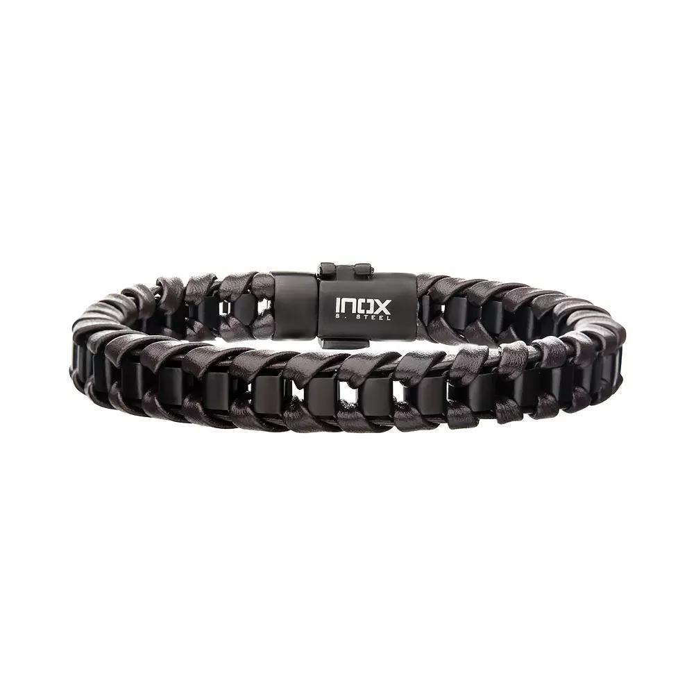 Mens Brown Leather & Black Plated Bracelet Two Tone Product Image