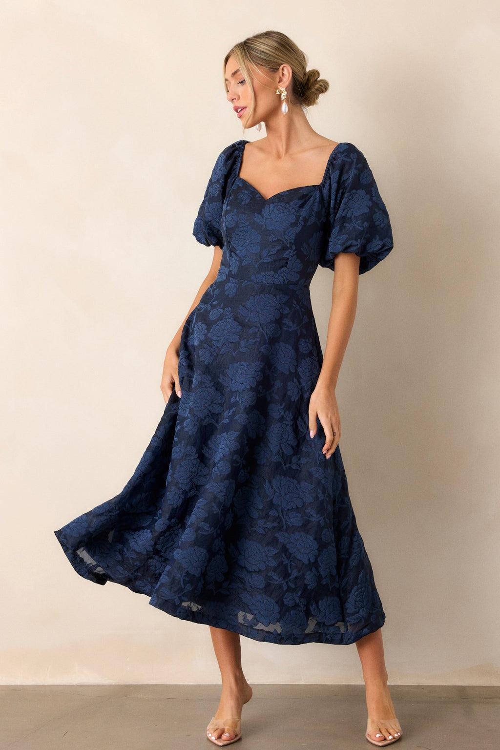 Starlit Evenings Navy Floral Jacquard Midi Dress Product Image