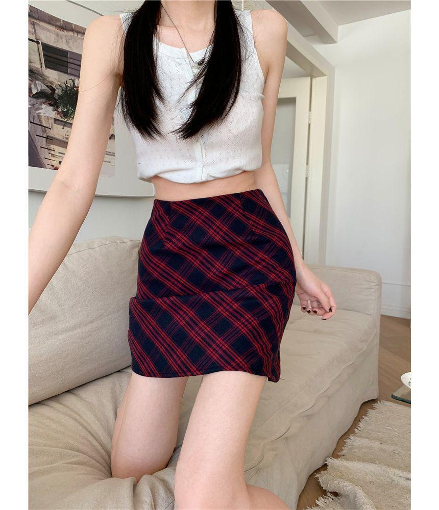 High Waist Plaid Mini Pencil Skirt Product Image