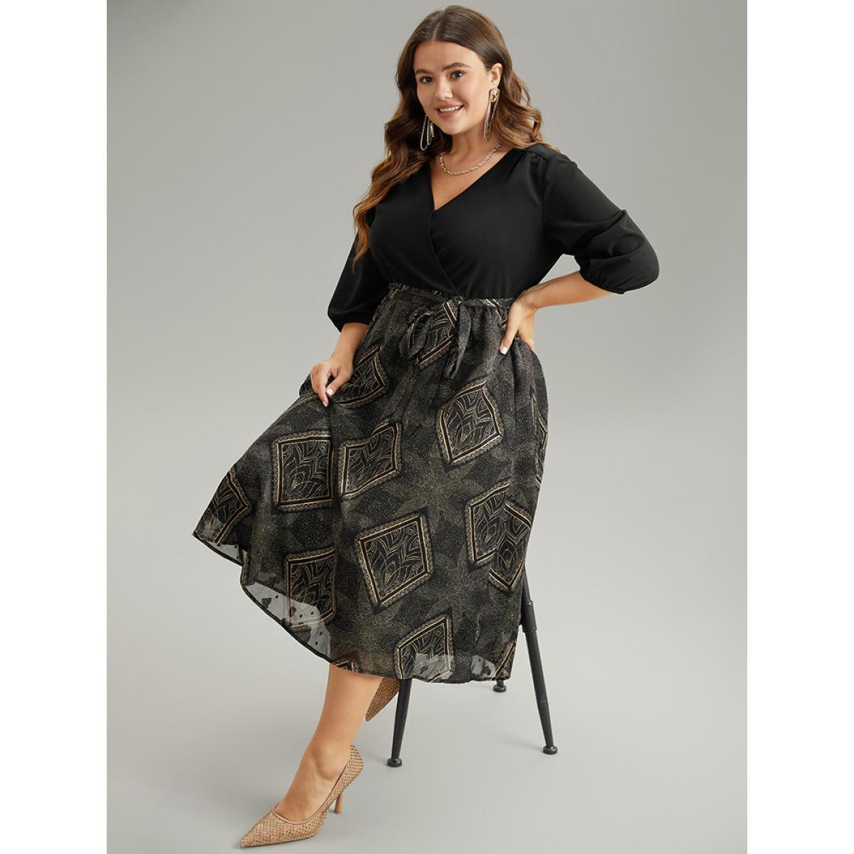 Plus Size Chiffon Moroccan Print Glitter Belted Overlap Collar Dress Black Women Party Elastic cuffs Overlap Collar Elbow-length sleeve Curvy Midi Dress BloomChic 18-20/2X Product Image