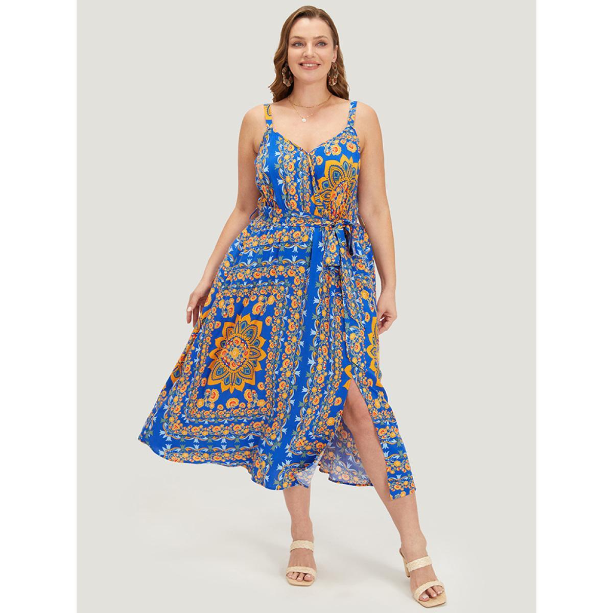 Plus Size Boho Print Belted Split Hem Pocket Cami Dress Blue Women Vacation Gathered V-neck Sleeveless Curvy Midi Dress BloomChic 28/5X Product Image