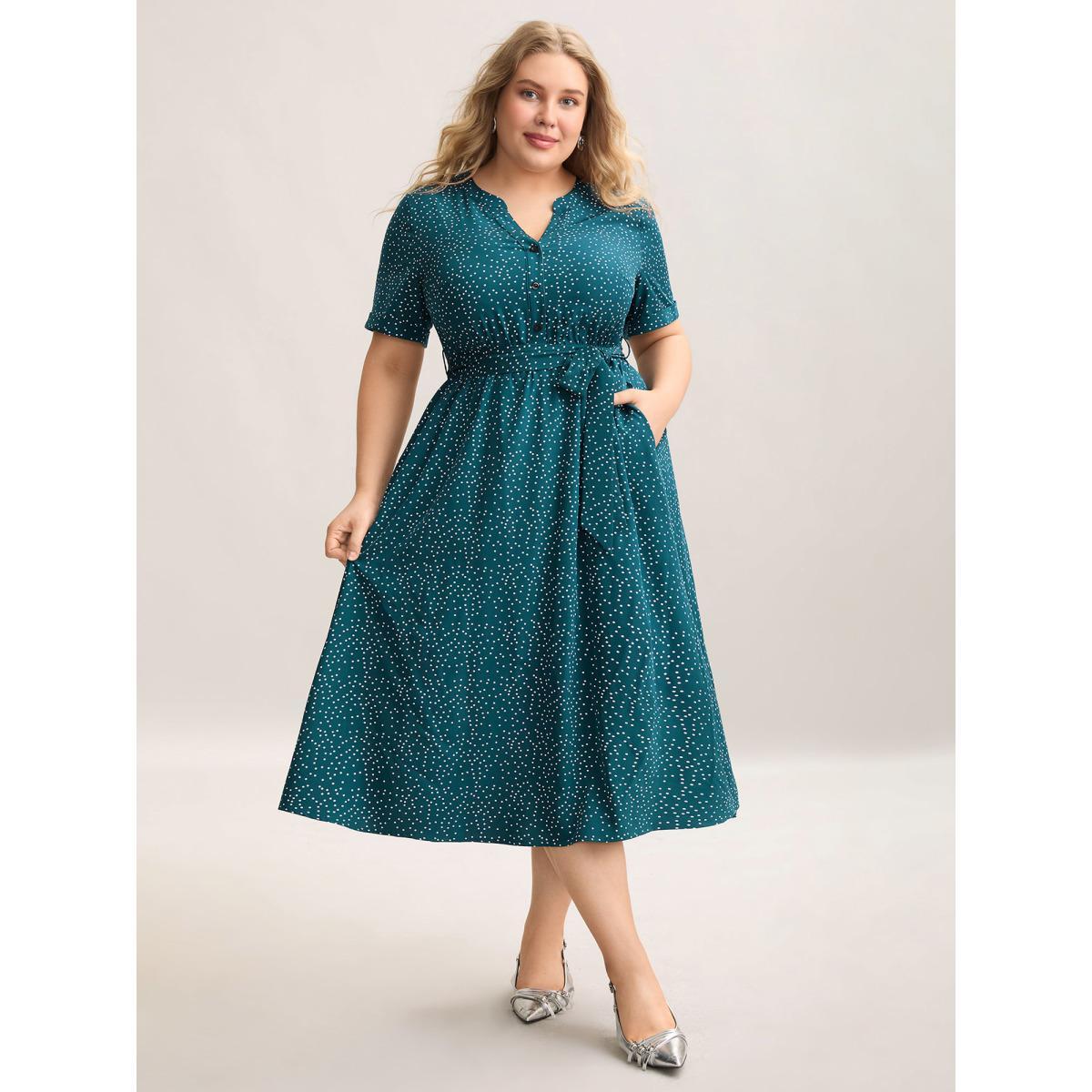 Plus Size Stretchy Waist Tied Pockets Printed Midi Dress Cyan Women At the Office Belted Flat collar Short sleeve Curvy BloomChic 26/4X Product Image