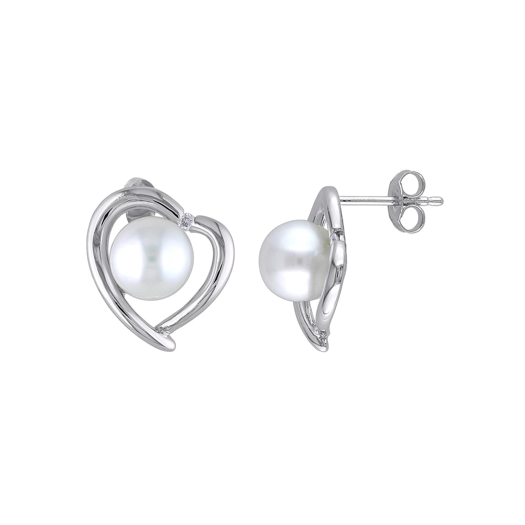 Stella Grace Sterling Silver Diamond Accent & Freshwater Cultured Pearl Heart Earrings, Women's Product Image