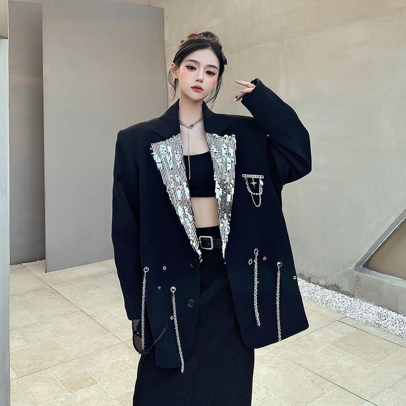 Chained Lapel Collar Button-Up Blazer Product Image