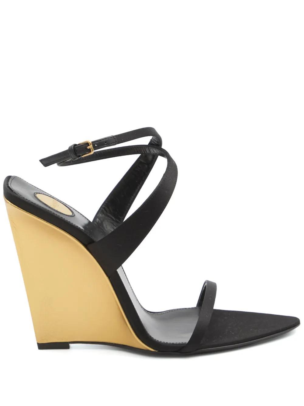 SAINT LAURENT Salome Satin Wedge Sandals In Black Product Image