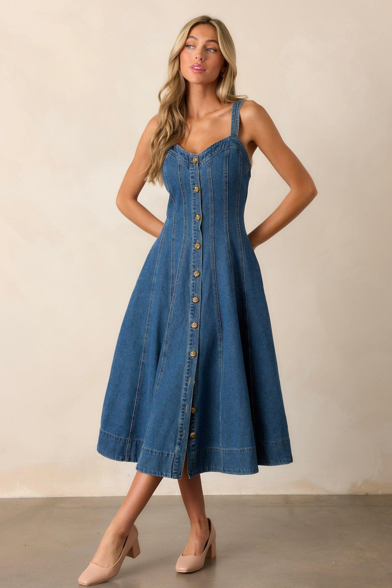 Quiet Moments Dark Wash Denim Midi Dress Product Image