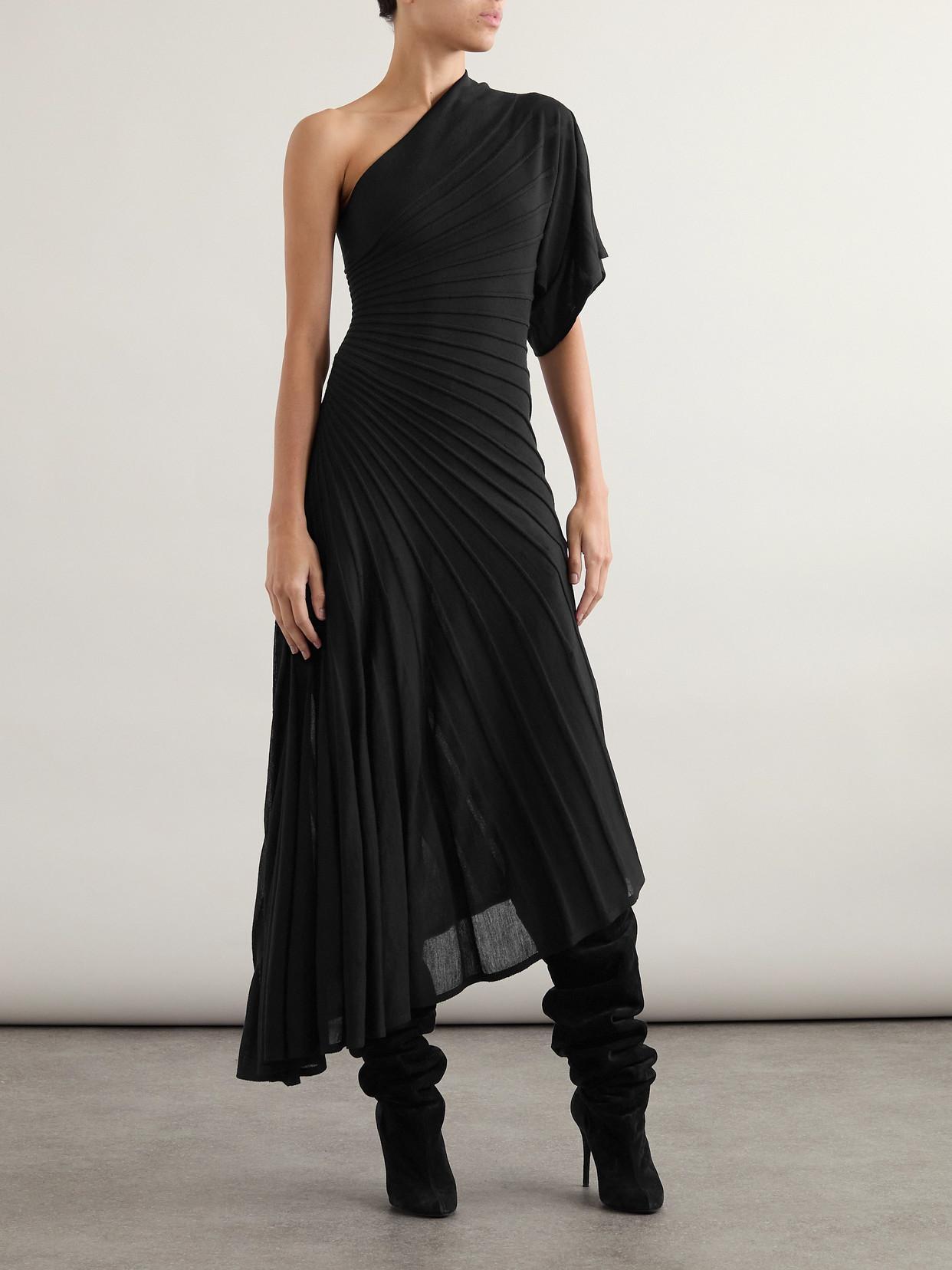 ALAÏA One-shoulder Ribbed Wool Midi Dress In Black Product Image