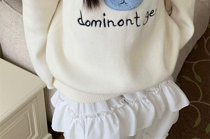 Crew Neck Cat Embroidered Top Product Image