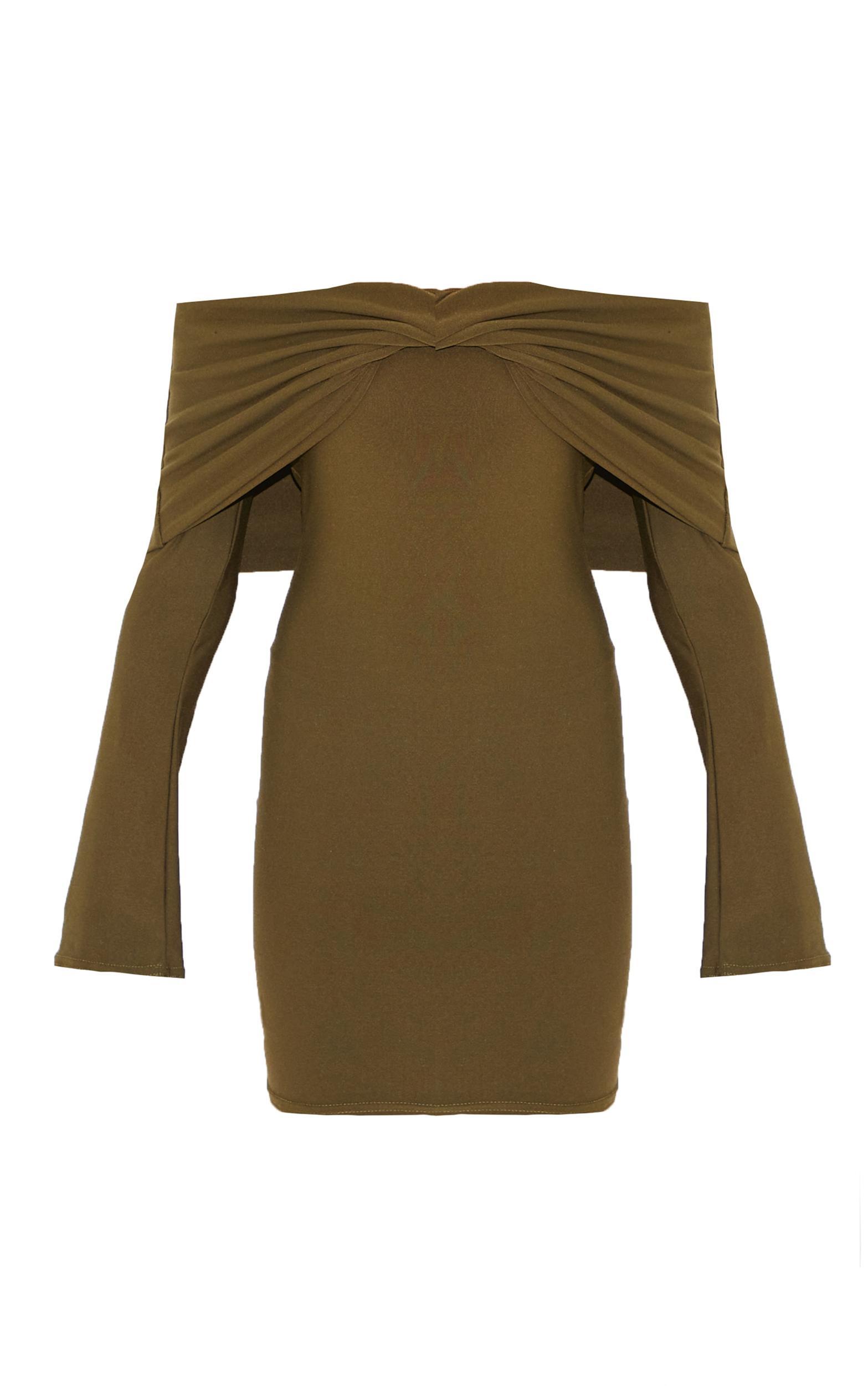 Khaki Soft Touch Twist Detail Bardot Bodycon Dress Product Image