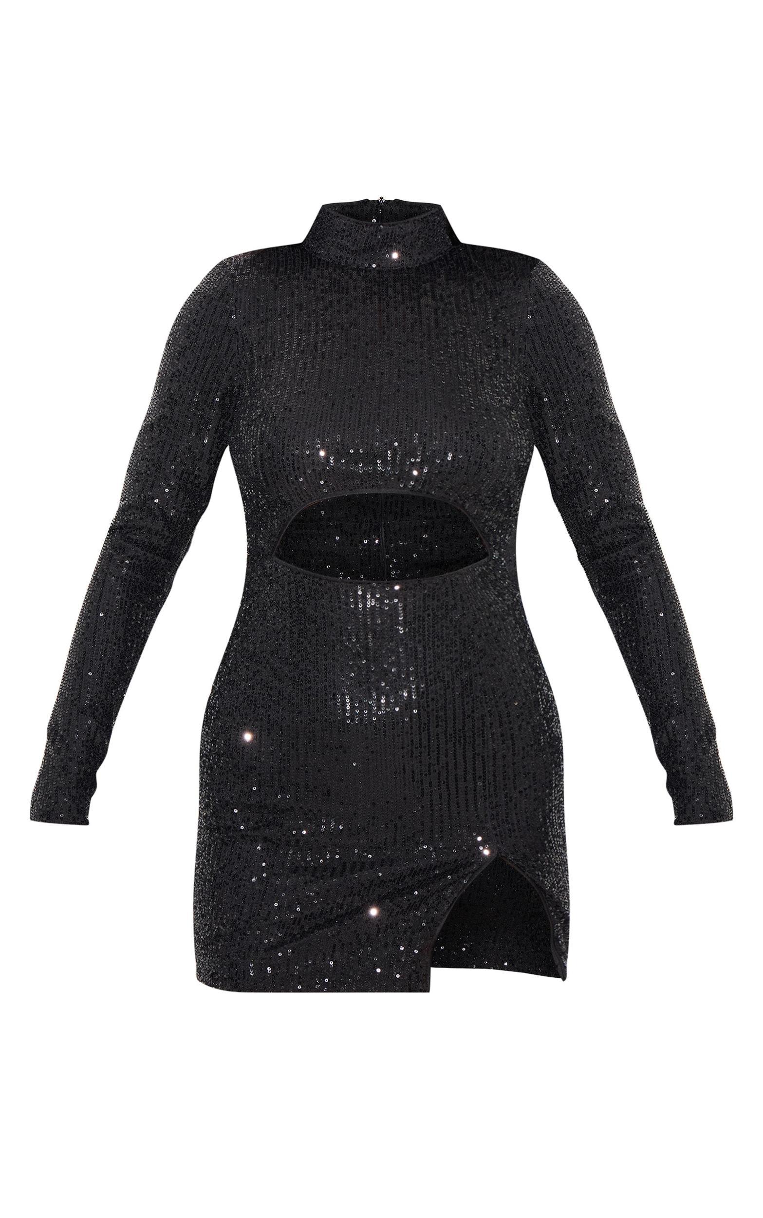 Black Sequin High Neck Long Sleeve Cut Out Split Hem Bodycon Dress Product Image