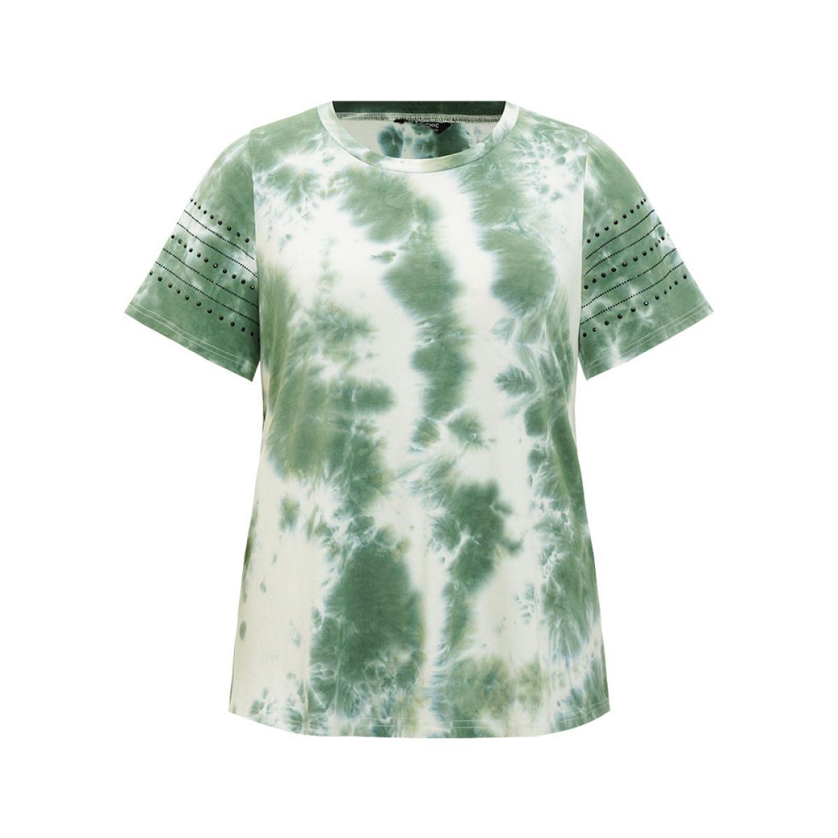 Plus Size Tie Dye Crew Neck Rivet Detail T-shirt Green Women Casual Tie Dye Round Neck Dailywear T-shirts BloomChic 22-24/3X Product Image