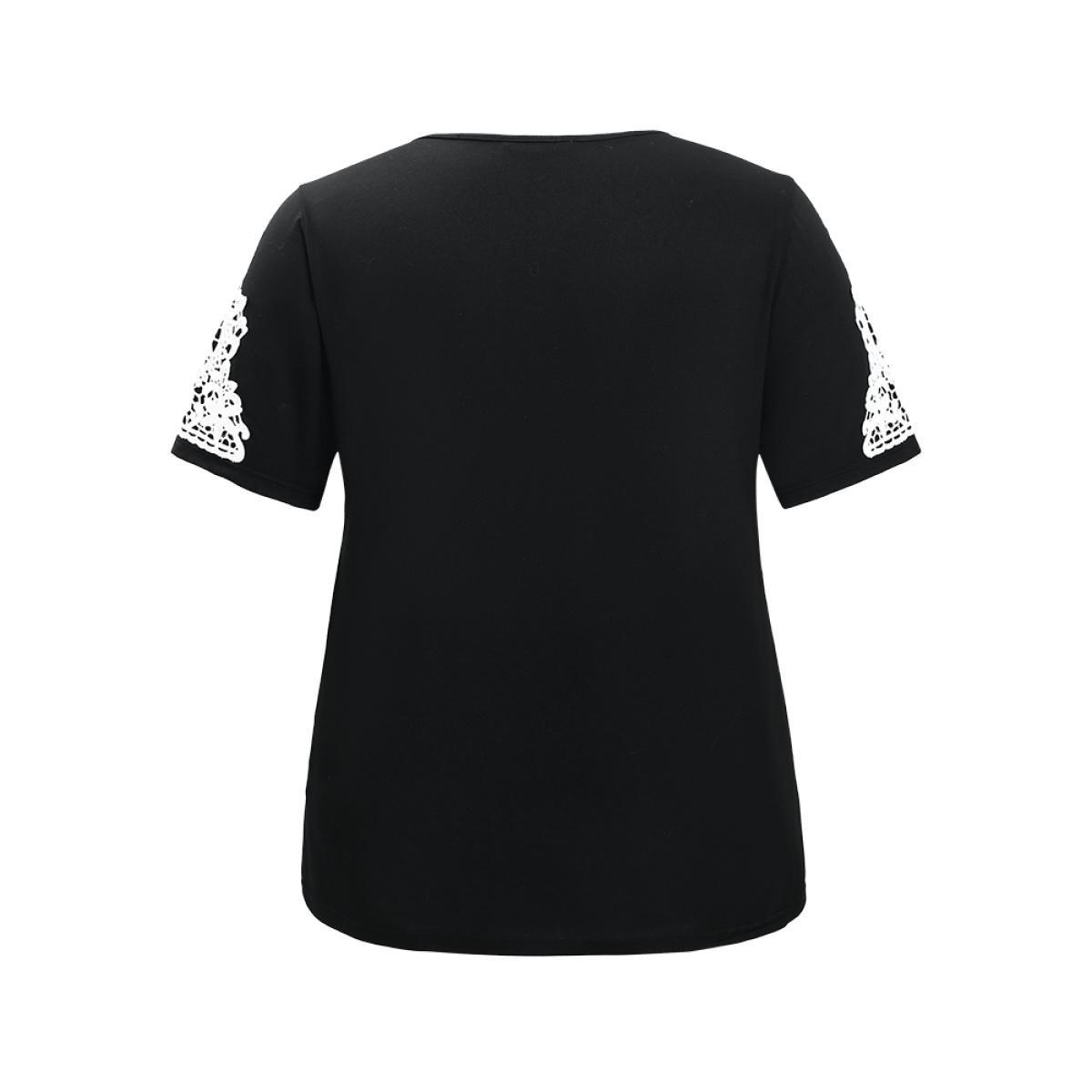 Plus Size Plain Contrast Lace V Neck T-shirt Black Women Elegant Lace Plain V-neck Dailywear T-shirts BloomChic 22-24/3X Product Image
