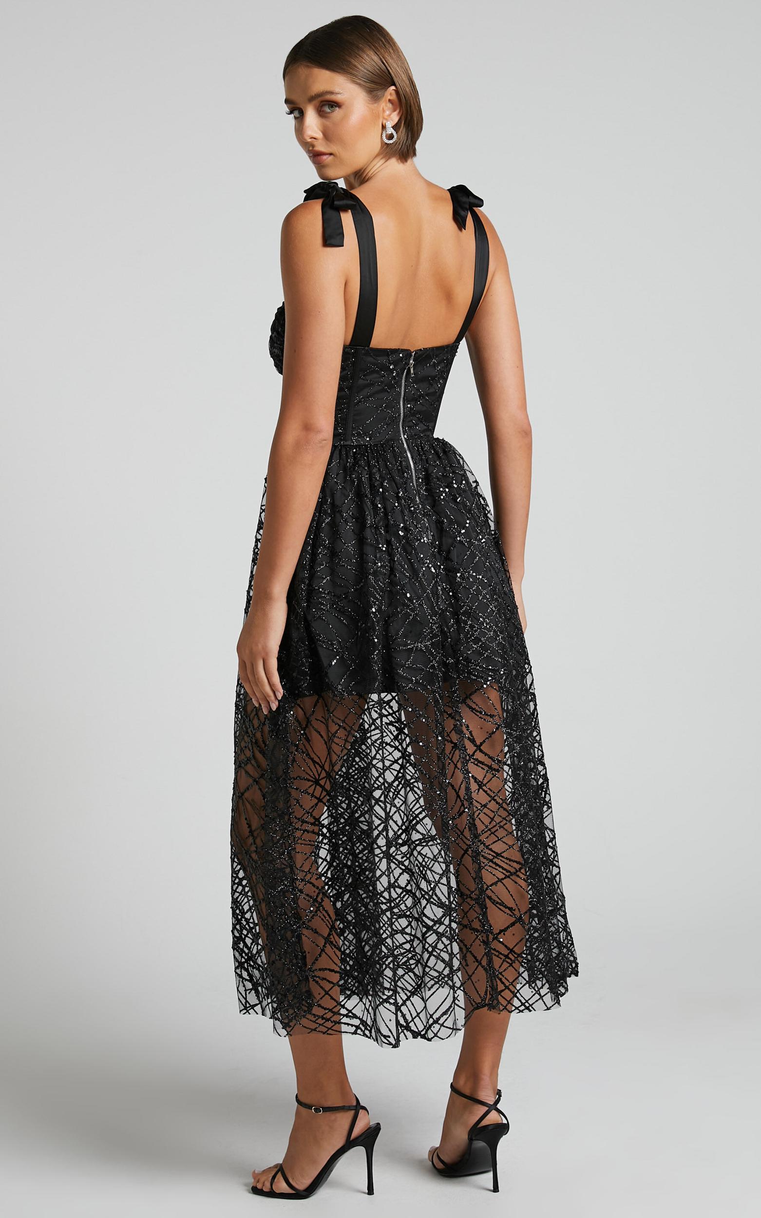 Rimea Midi Dress - Tie Shoulder Bustier Bodice Glitter Tulle Dress in Black Product Image