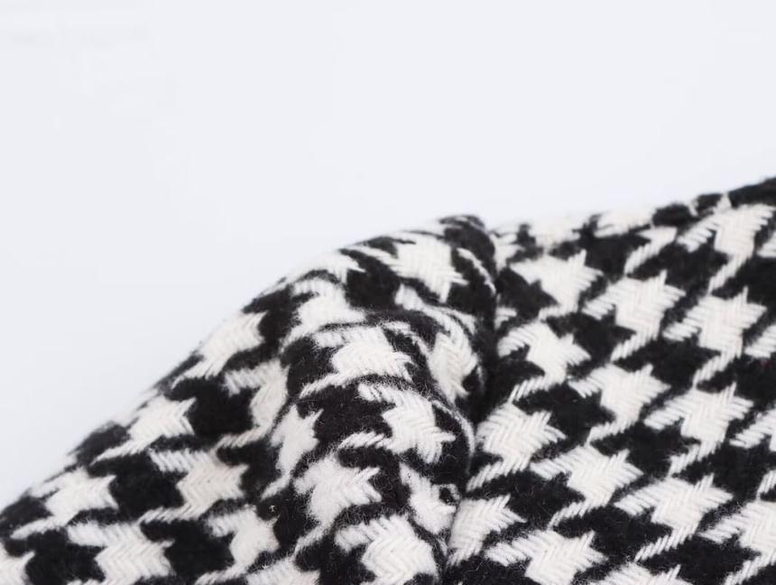 Long-Sleeve Round Neck Houndstooth Panel Mini A-Line Dress Product Image