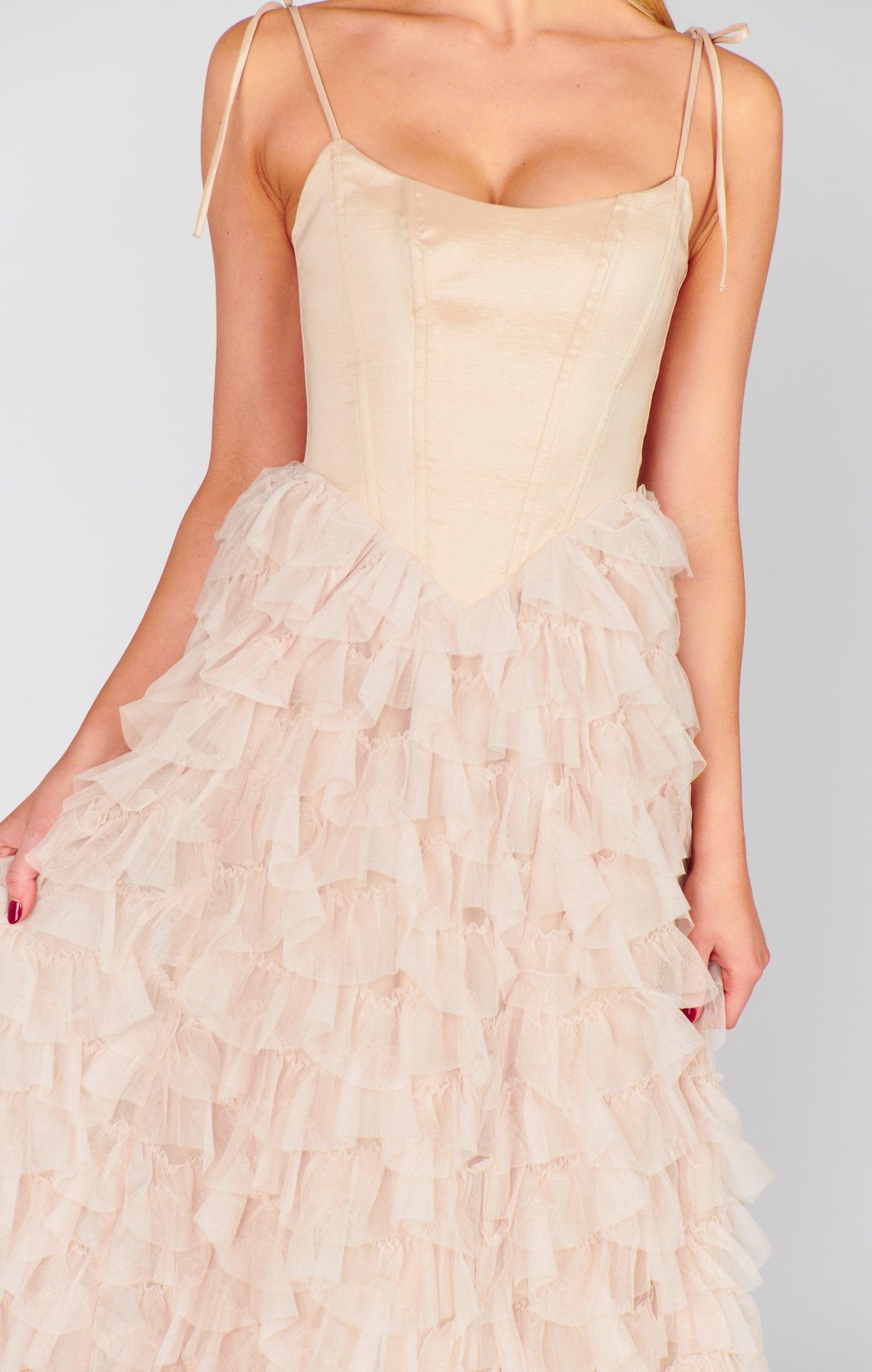 Francesca Maxi Dress ~ Champagne Tulle Ruffle Product Image