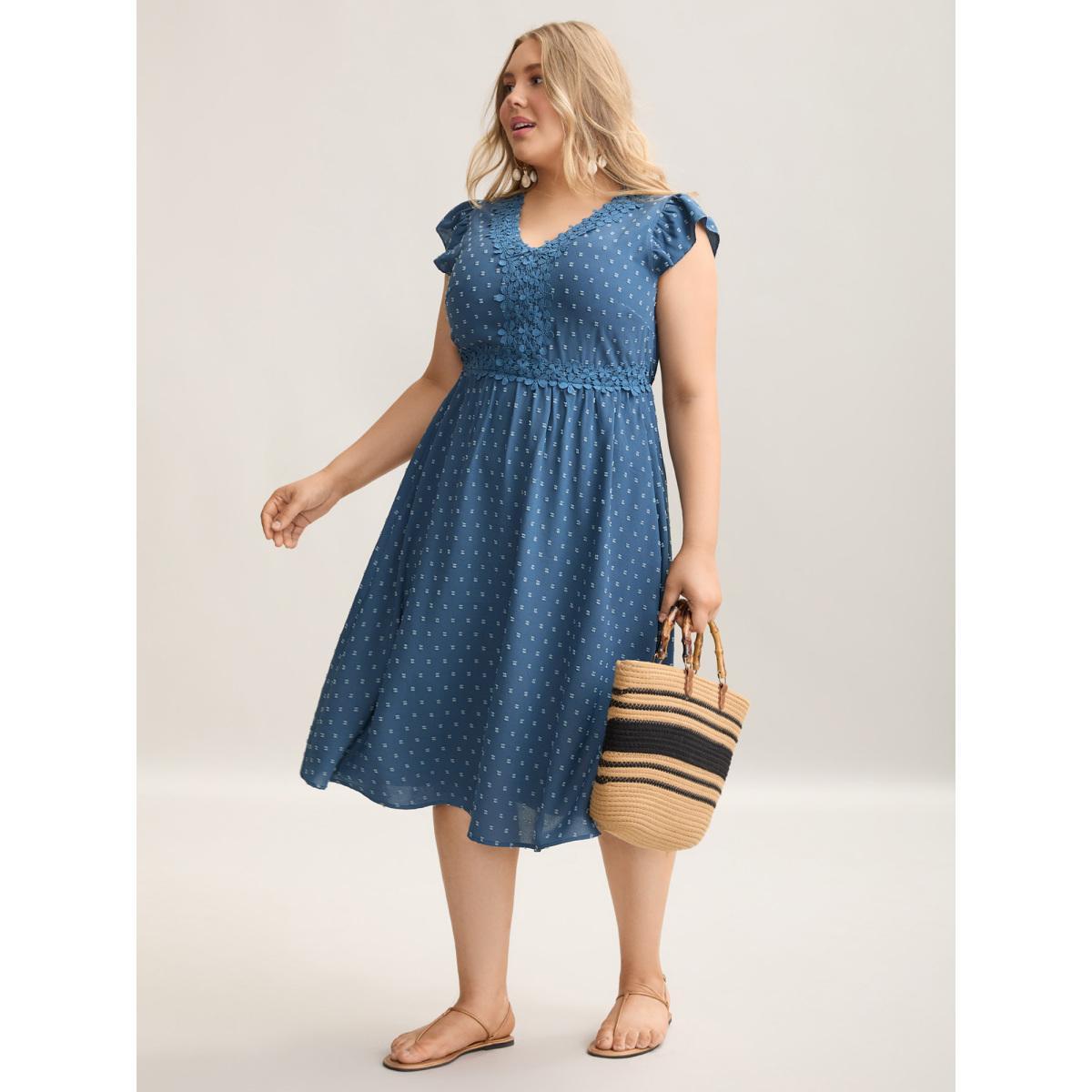 Plus Size Lace Textured Spliced Pockets Midi Dress Mediumblue Women Resort Woven ribbon&lace trim V-neck Cap Sleeve Curvy BloomChic 22-24/3X Product Image
