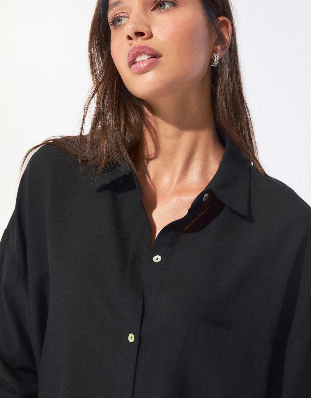 Pull&Bear oversized linen blend shirt in black Product Image
