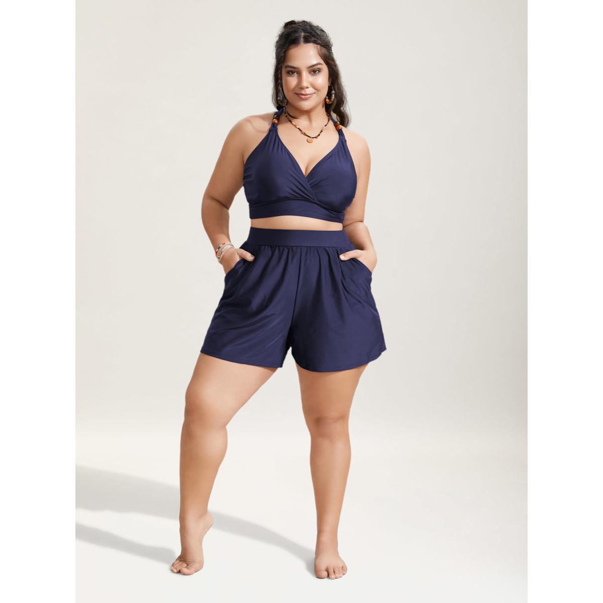 Plus Size High Waisted Pockets Solid Pleated Swim Bottom Women's Swimwear Indigo Beach Gathered High stretch Bodycon High Rise Slanted pocket Curve Swim Bottoms BloomChic 30/6X Product Image