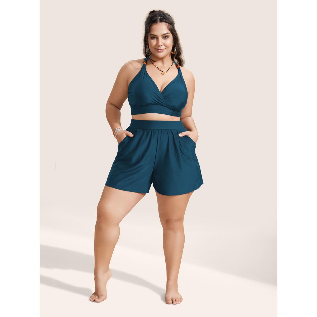 Plus Size High Waisted Pockets Solid Pleated Swim Bottom Women's Swimwear Cyan Beach Gathered High stretch Bodycon High Rise Slanted pocket Curve Swim Bottoms BloomChic 22-24/3X Product Image