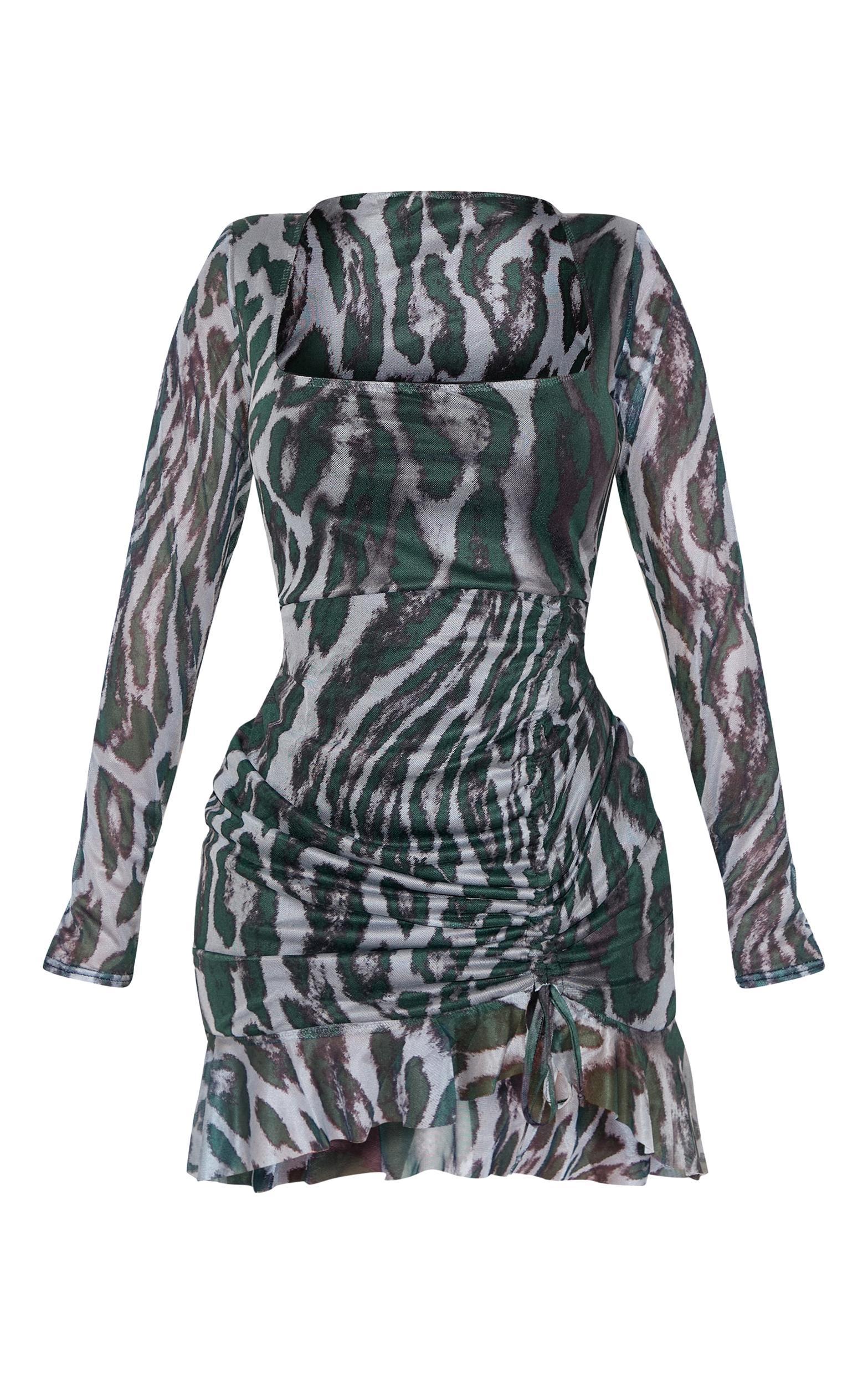 Shape Green Abstract Print Mesh Long Sleeve Ruched Side Frill Hem Bodycon Dress Product Image