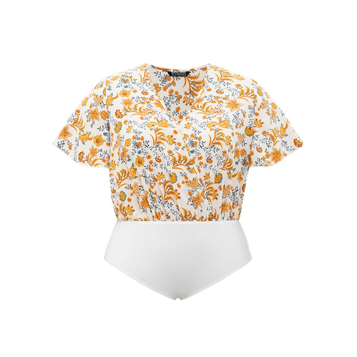 Plus Size Plants Print Patchwork Surplice Neck Bodysuit Women Chocolate Plants Wrap Bodysuits BloomChic 22-24/3X Product Image