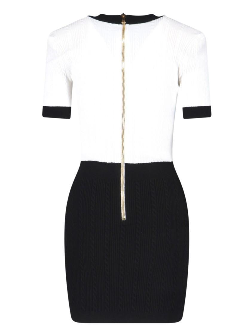 BALMAIN V-neck Buttoned Strong-shoulder Torsade Knit Mini Dress In White Product Image