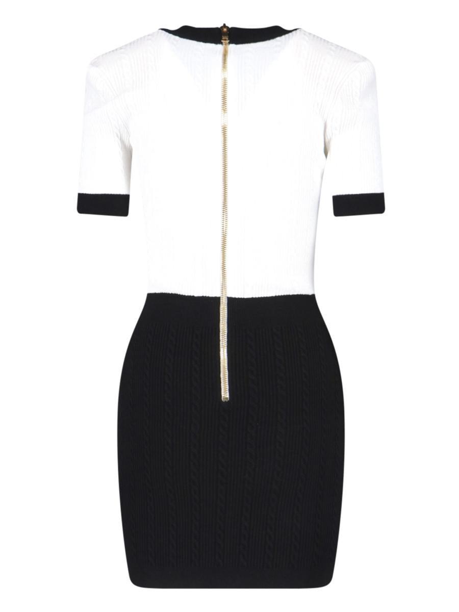 BALMAIN V-neck Buttoned Strong-shoulder Torsade Knit Mini Dress In White Product Image