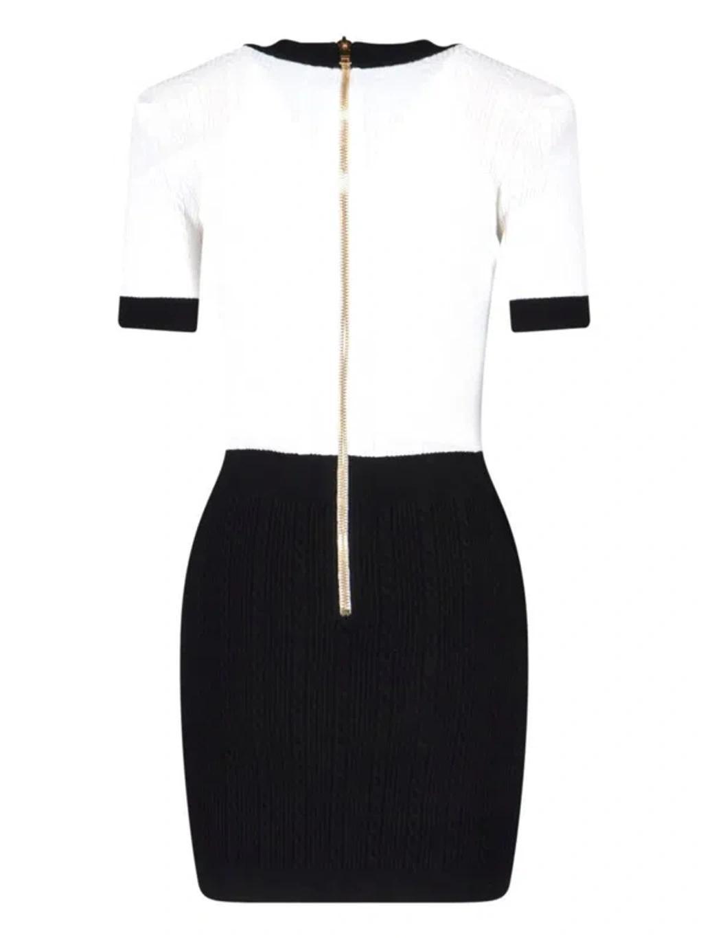 BALMAIN V-neck Buttoned Strong-shoulder Torsade Knit Mini Dress In White Product Image