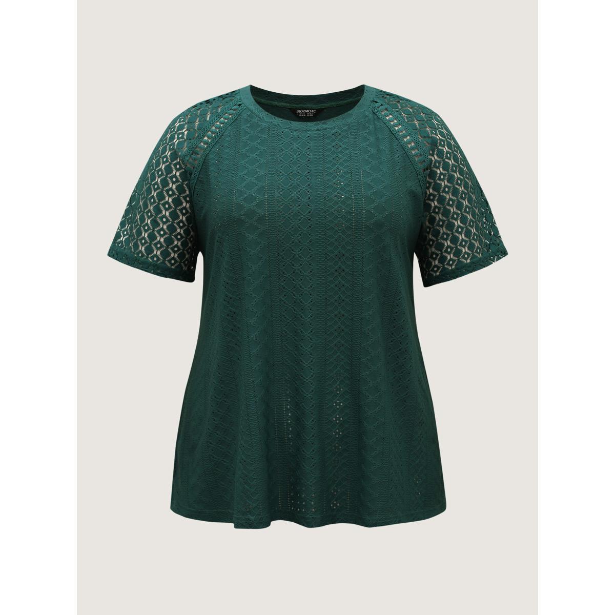 Plus Size Eyelet Trim Lace Cut-Out Solid T-Shirt Cyan Women Round Neck Everyday-Casual T-shirts BloomChic 12/L Product Image