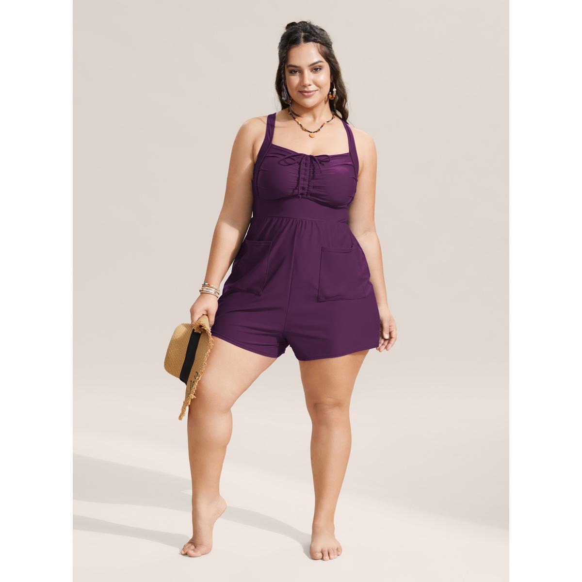 Plus Size Plain Patched Pocket Drawstring One Piece Swimsuit Women's Swimwear Deeppurple Beach Gathered Curve Bathing Suits High stretch One Pieces BloomChic 30/6X Product Image