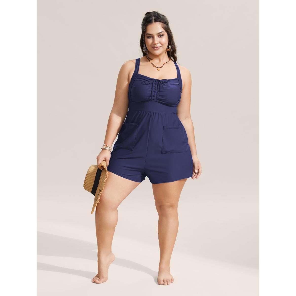Plus Size Plain Patched Pocket Drawstring One Piece Swimsuit Women's Swimwear Indigo Beach Gathered Curve Bathing Suits High stretch One Pieces BloomChic 18-20/2X Product Image