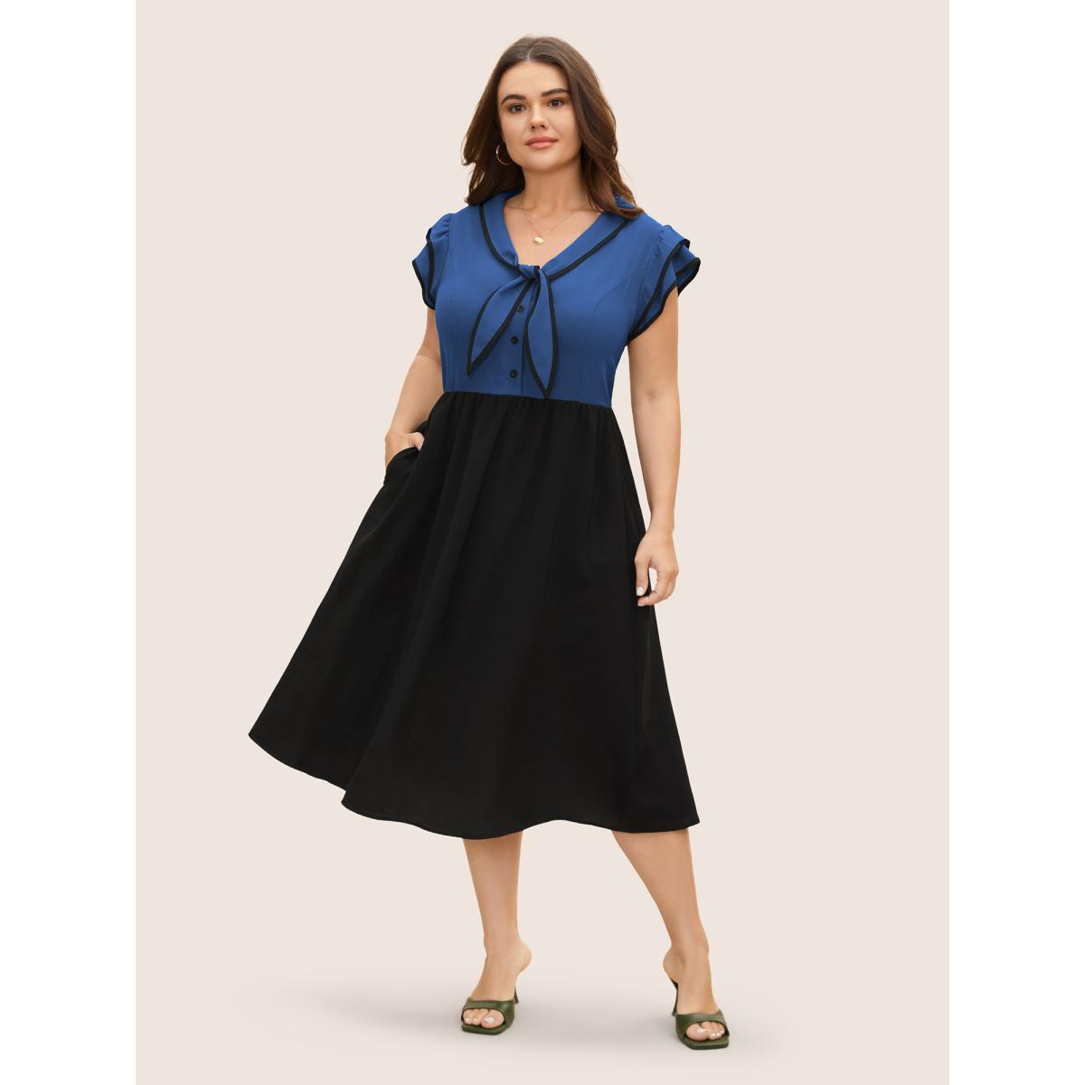 Plus Size Two-colored Knot Tie Midi Dress Mediumblue Women Elegant Tie knot V-neck Cap Sleeve Curvy BloomChic 22-24/3X Product Image