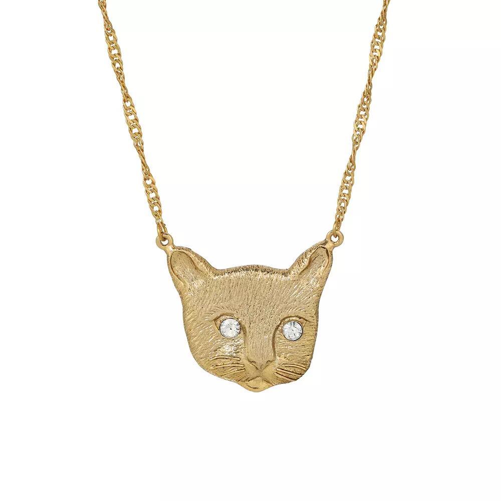 1928 Gold Tone Cat Face Crystal Glass Stone Pendant Necklace, Womens, Yellow Product Image