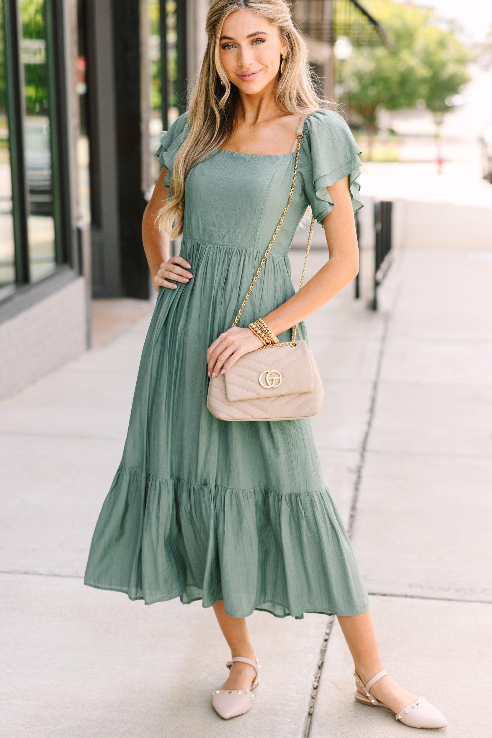 All Yours Deep Sage Green Ruffled Midi Dress Female Product Image