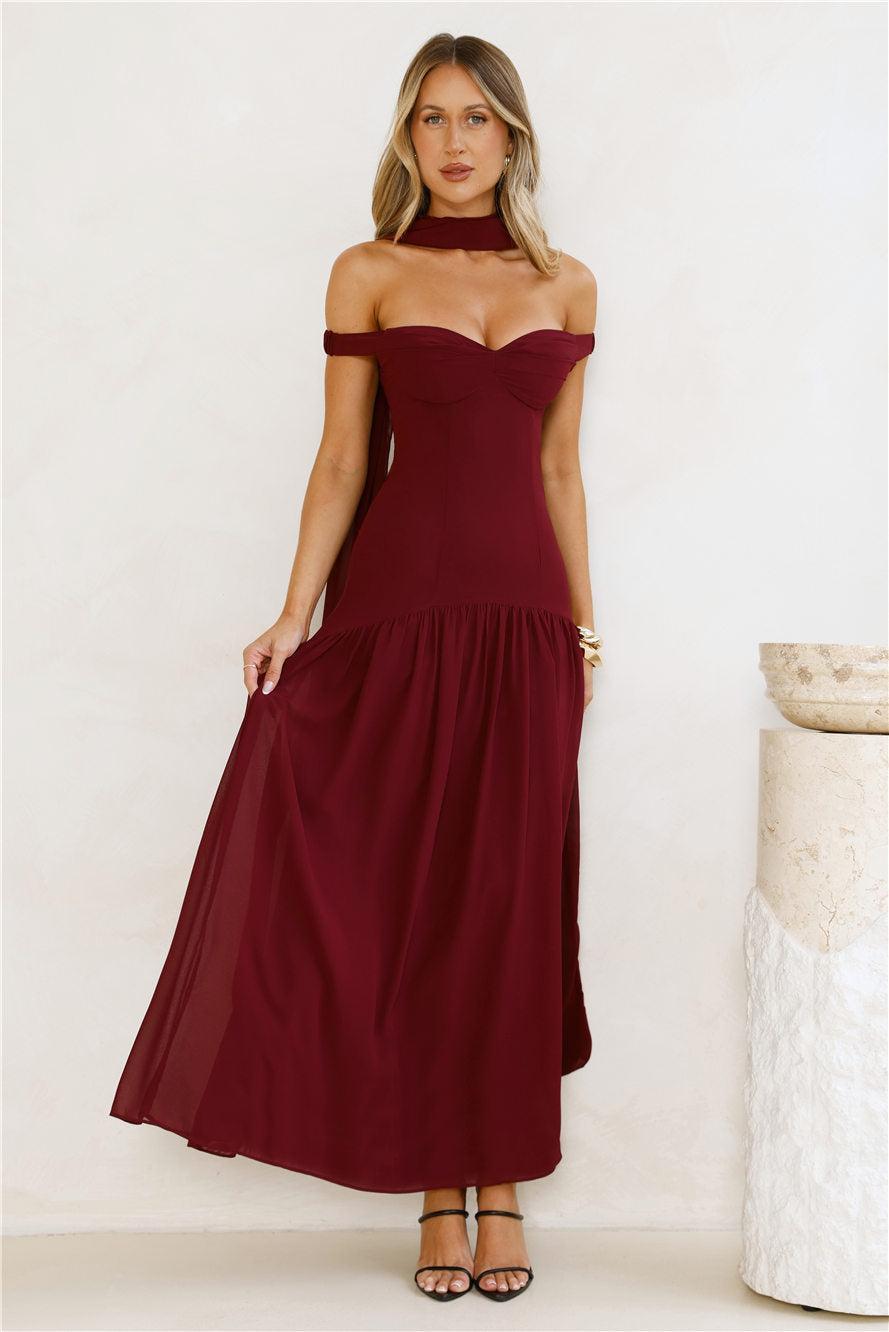 The Style Spotlight Off Shoulder Maxi Dress Burgundy Product Image