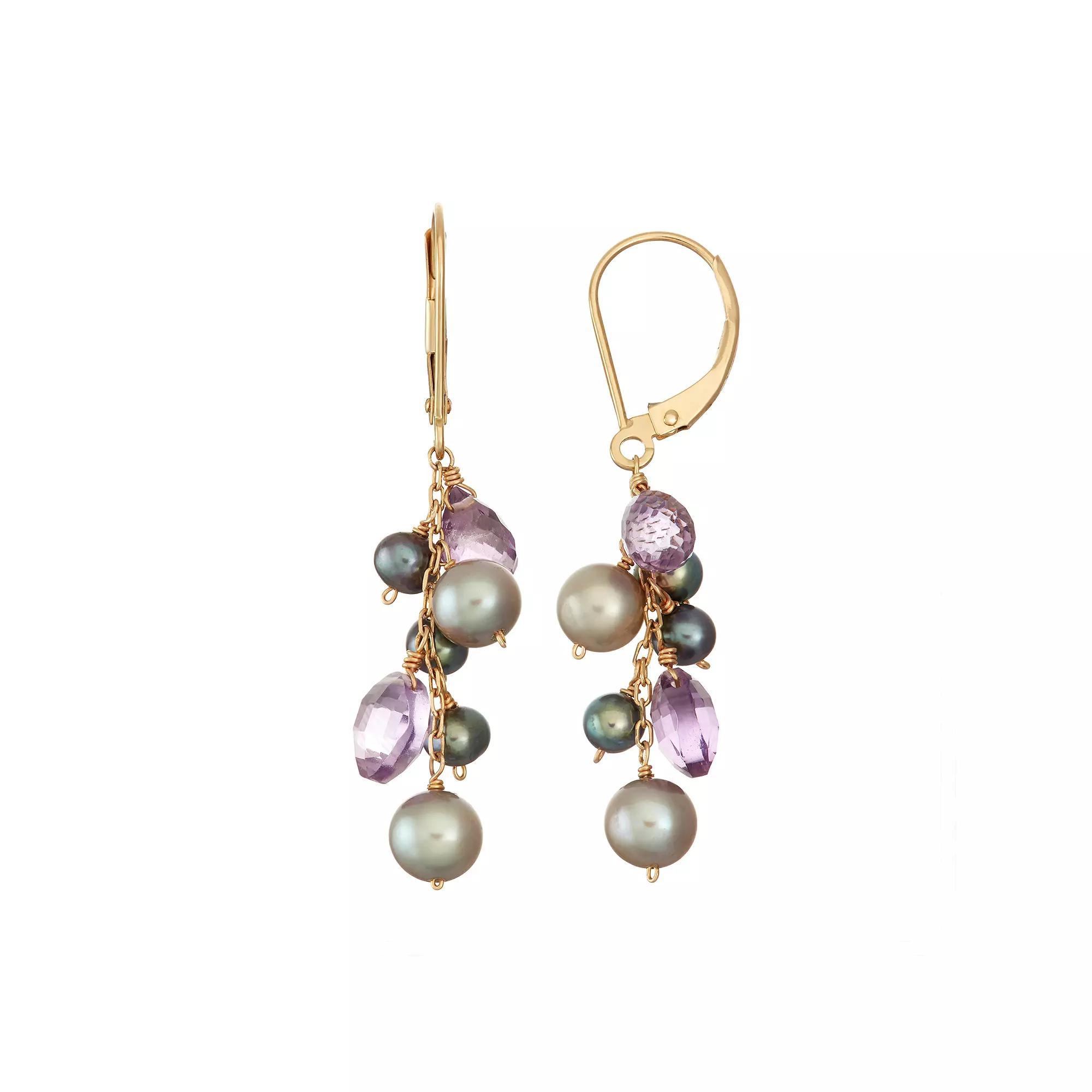 14k Gold Amethyst & Dyed Freshwater Cultured Pearl Cluster Drop Earrings, Women's, Multicolor Product Image