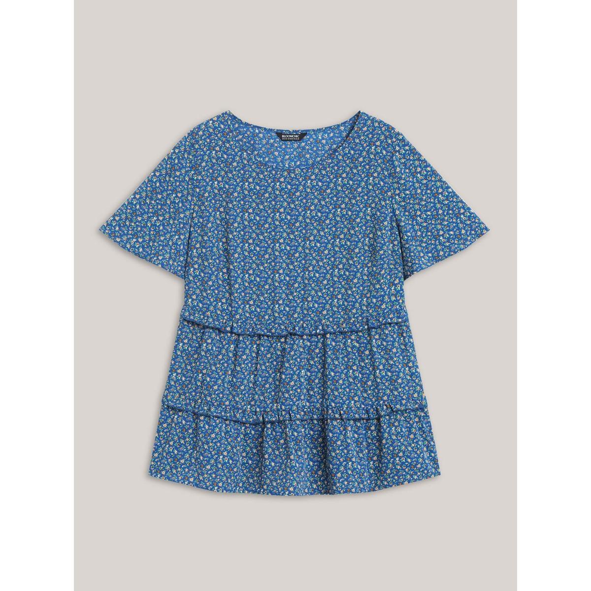 Plus Size Mediumblue Ditsy Floral Print Ruffled Tiered Blouse Women Elegant Short sleeve Round Neck Everyday Blouses BloomChic 22-24/3X Product Image