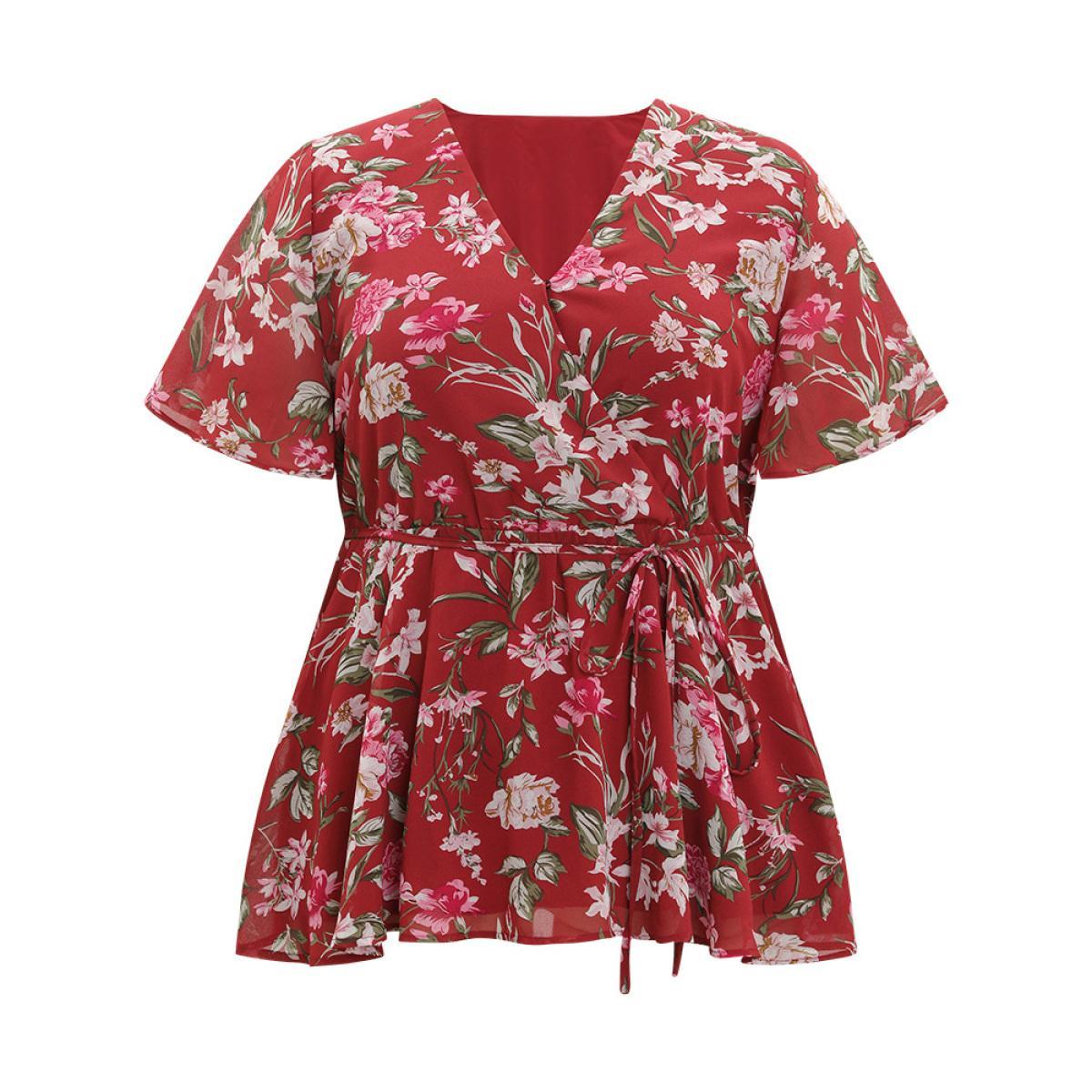 Plus Size Scarlet Floral Wrap Ruffle Sleeve Ties Blouse Women Elegant Short sleeve V-neck Dailywear Blouses BloomChic 28/5X Product Image