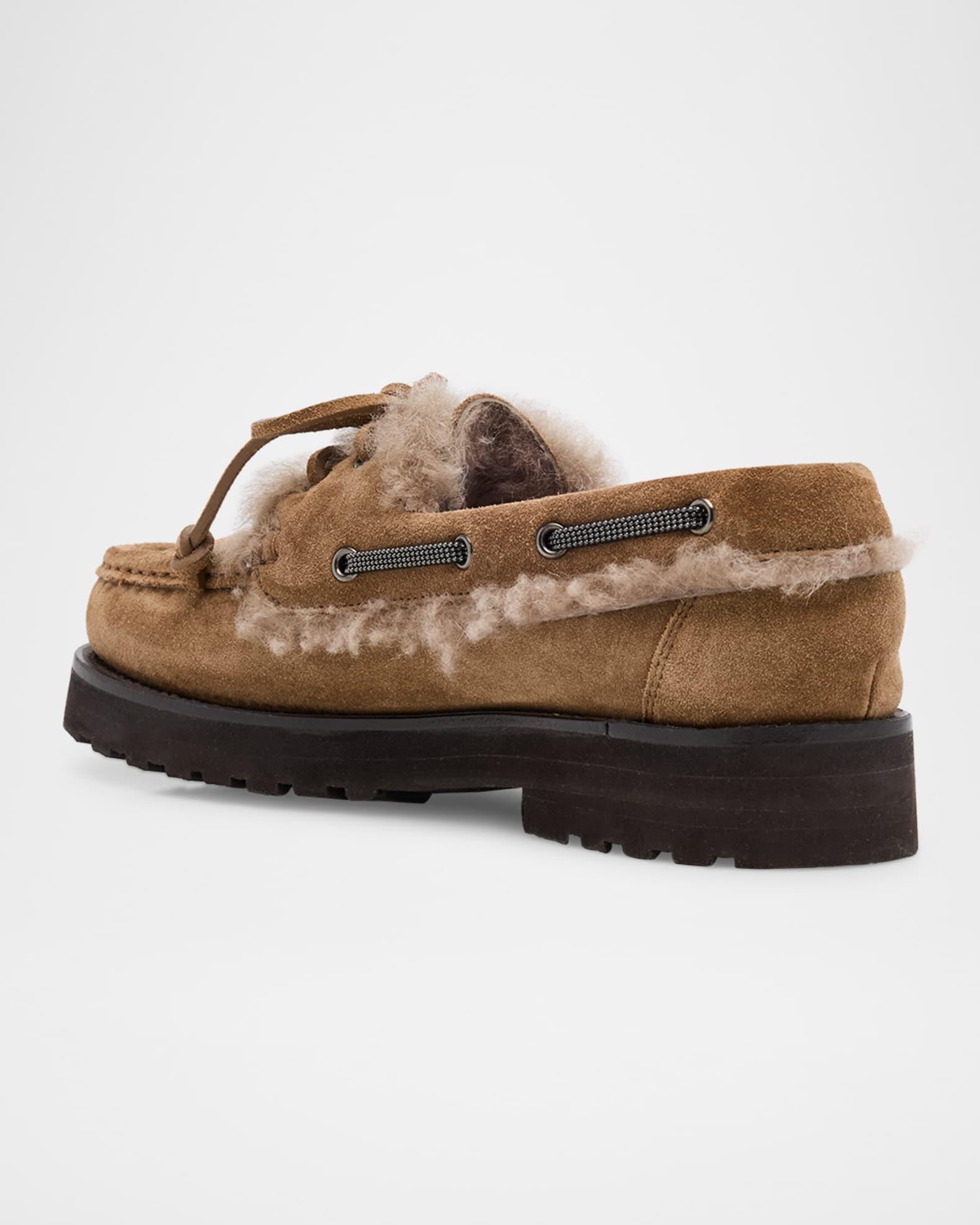 Monili Detail Shearling-Lined Suede Boat Shoes Product Image