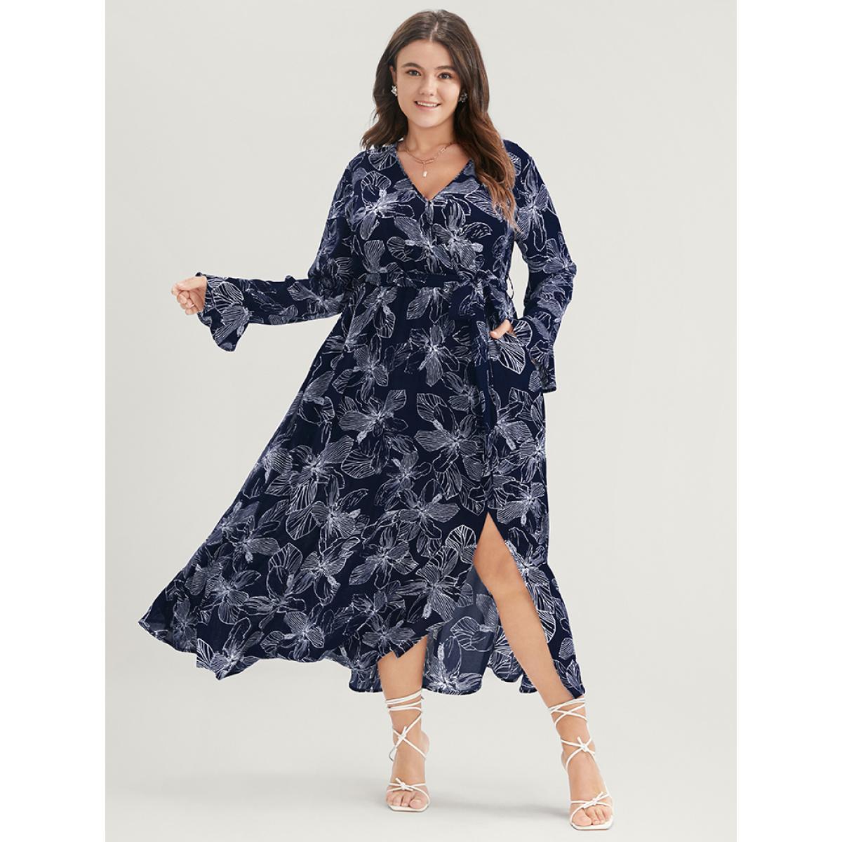 Plus Size Floral Print Belted Pocket Split Hem Wrap Dress DarkBlue Women Elegant Pocket V-neck Long Sleeve Curvy Midi Dress BloomChic 30/6X Product Image