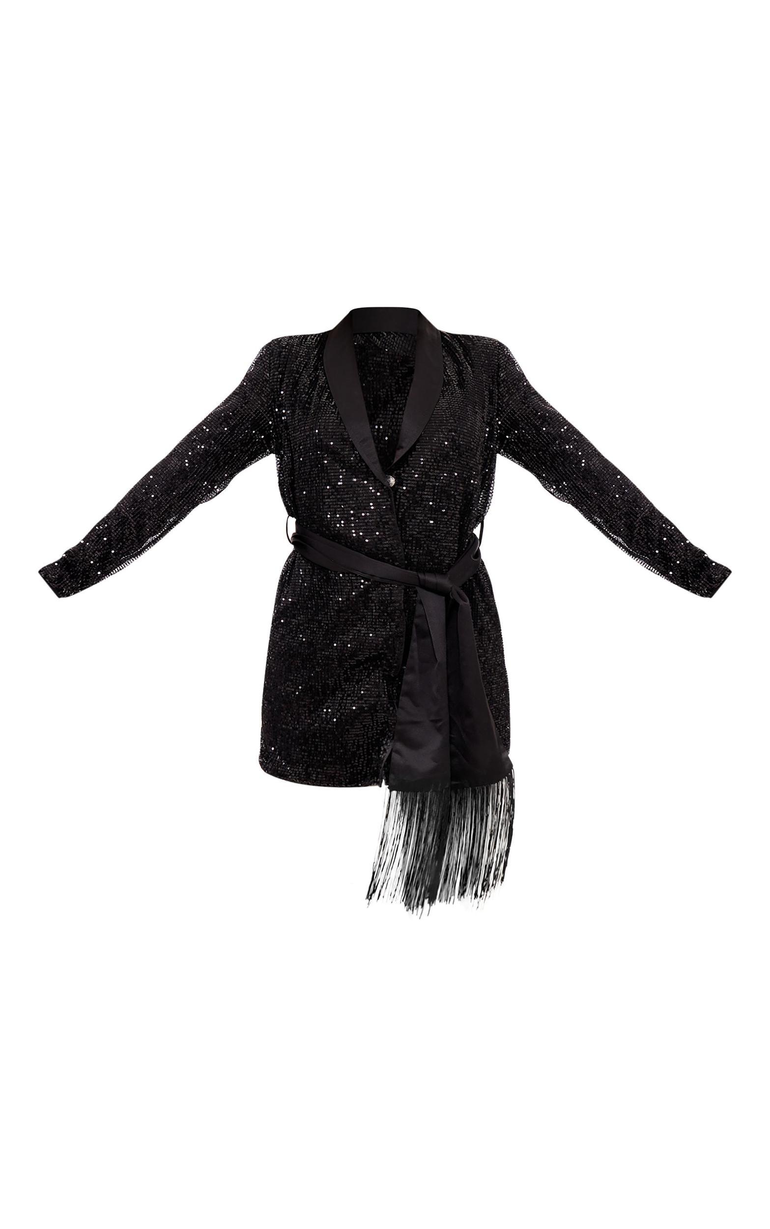 Black Sequin Tassel Tie Detail Blazer Dress Product Image