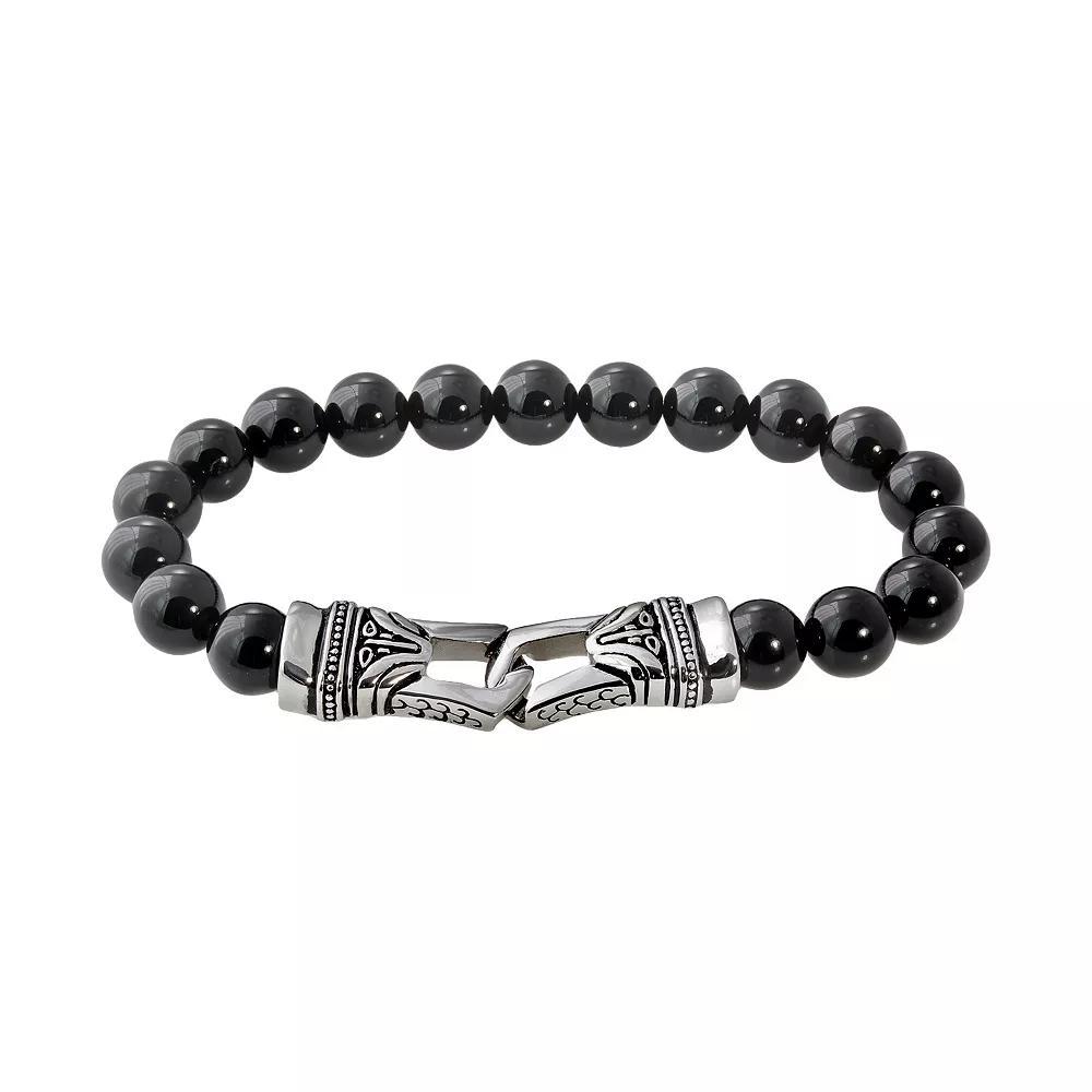 Stainless Steel Onyx Bead Stretch Bracelet - Men, Men's, Size: 8.5", Black Product Image