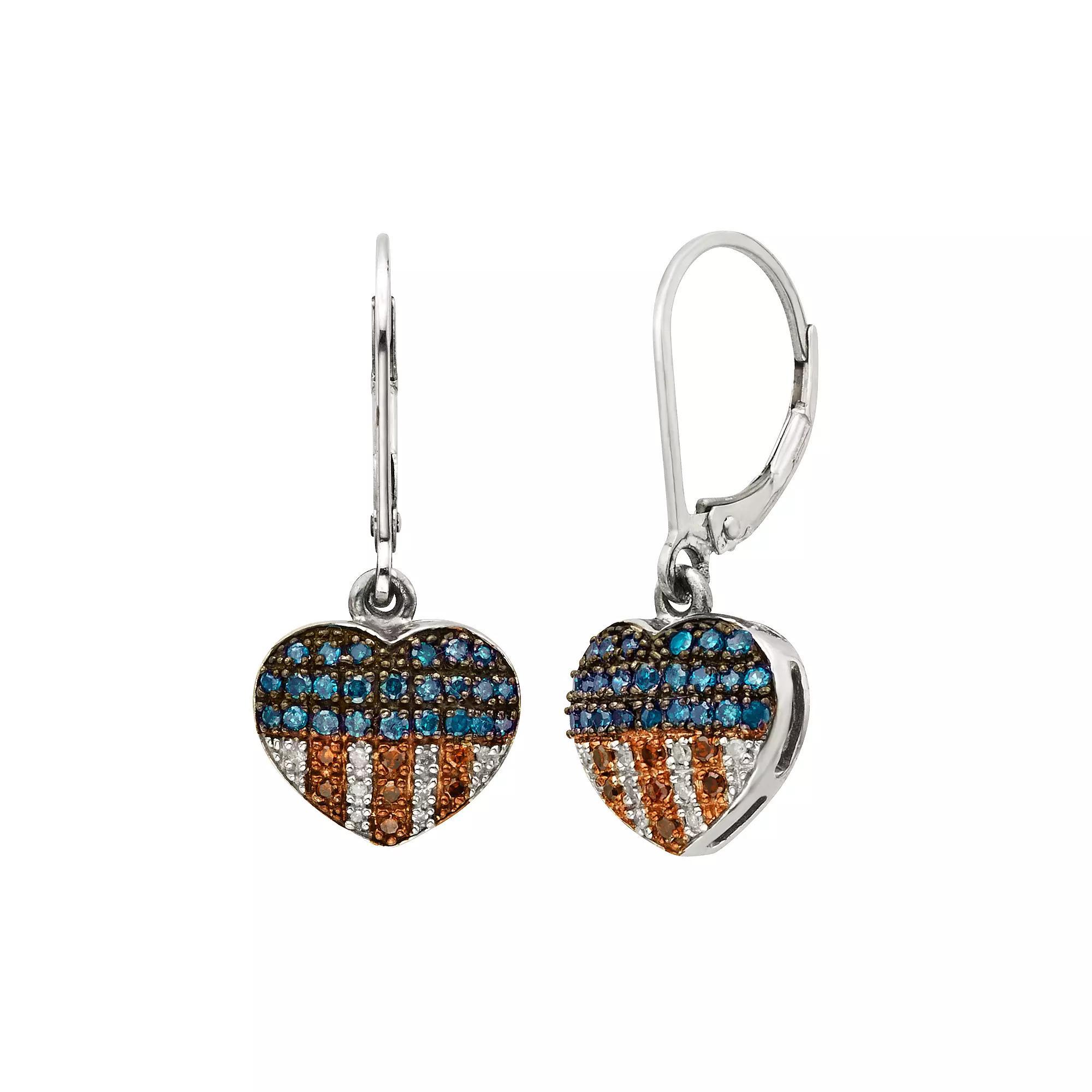 Jewelexcess Sterling Silver 1/4-ct. T.W. Red, White and Blue Diamond American Flag Heart Drop Earrings, Womens, Multicolor Product Image