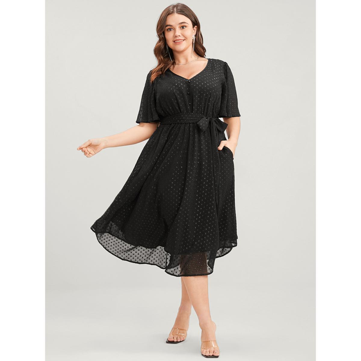 Plus Size Glitter Polka Dot V Neck Pocket Belted Ruffles Hem Dress Black Women Glamour Asymmetrical V-neck Short sleeve Curvy Midi Dress BloomChic 14-16/1X Product Image